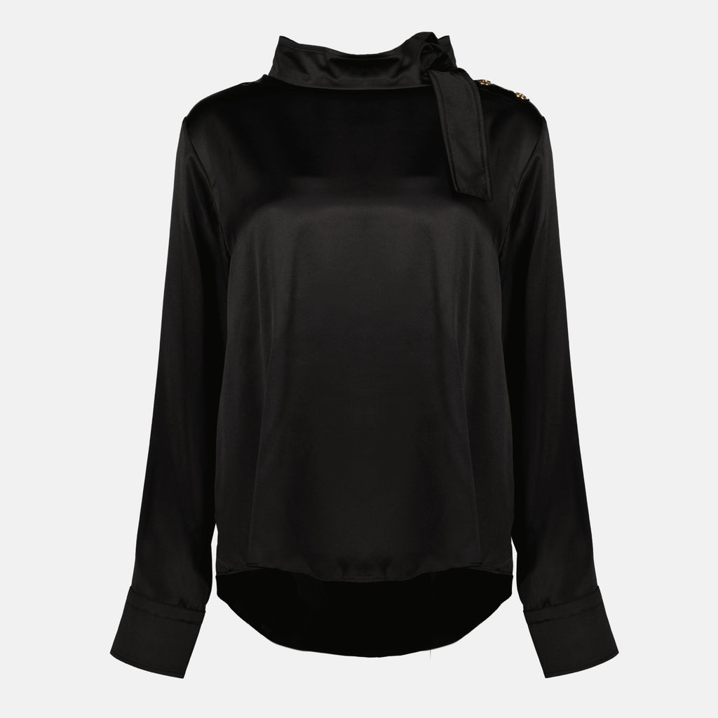 Patou scarf neck top, silk top, black blouse, Autumn-Winter fashion, elegant women's clothing