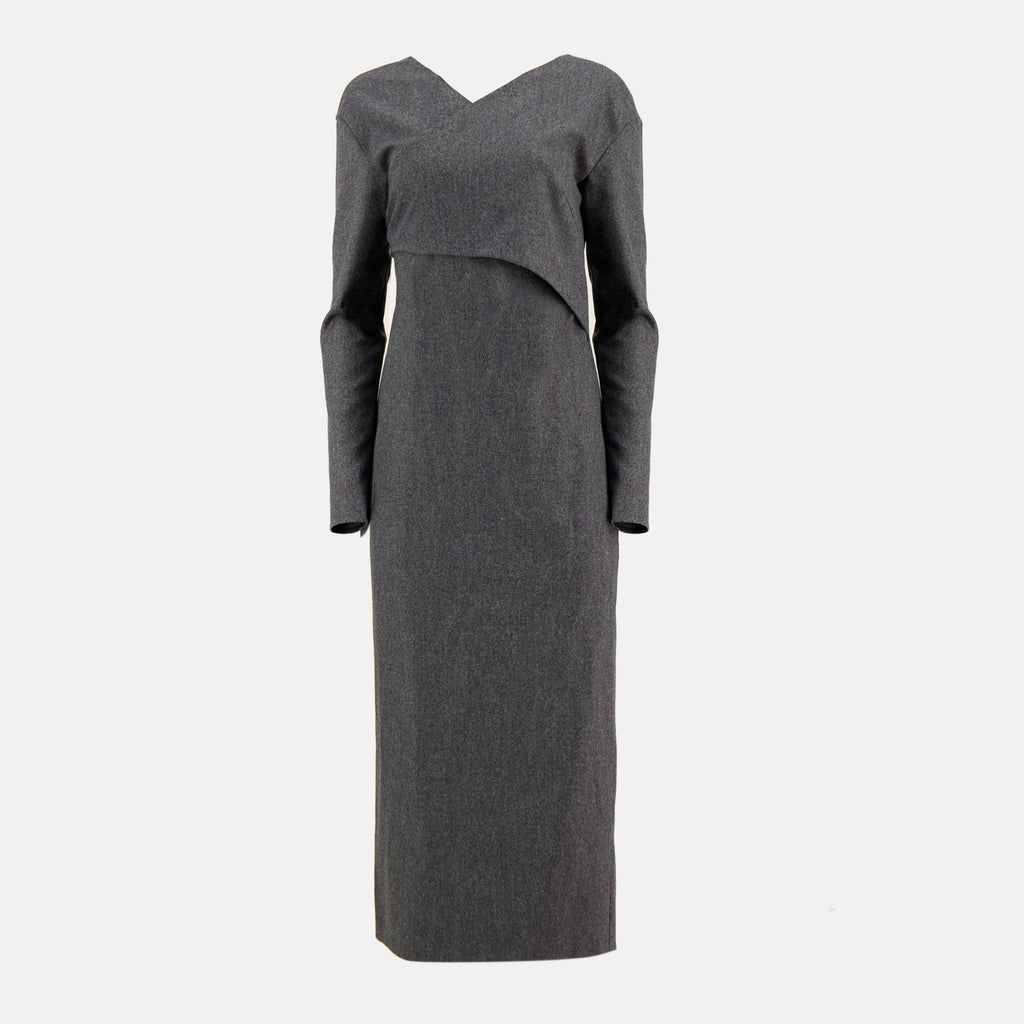 Aubrey Long Dress, Khaite Dress, Wool Long Dress, V-neck Dress, Gray Dress