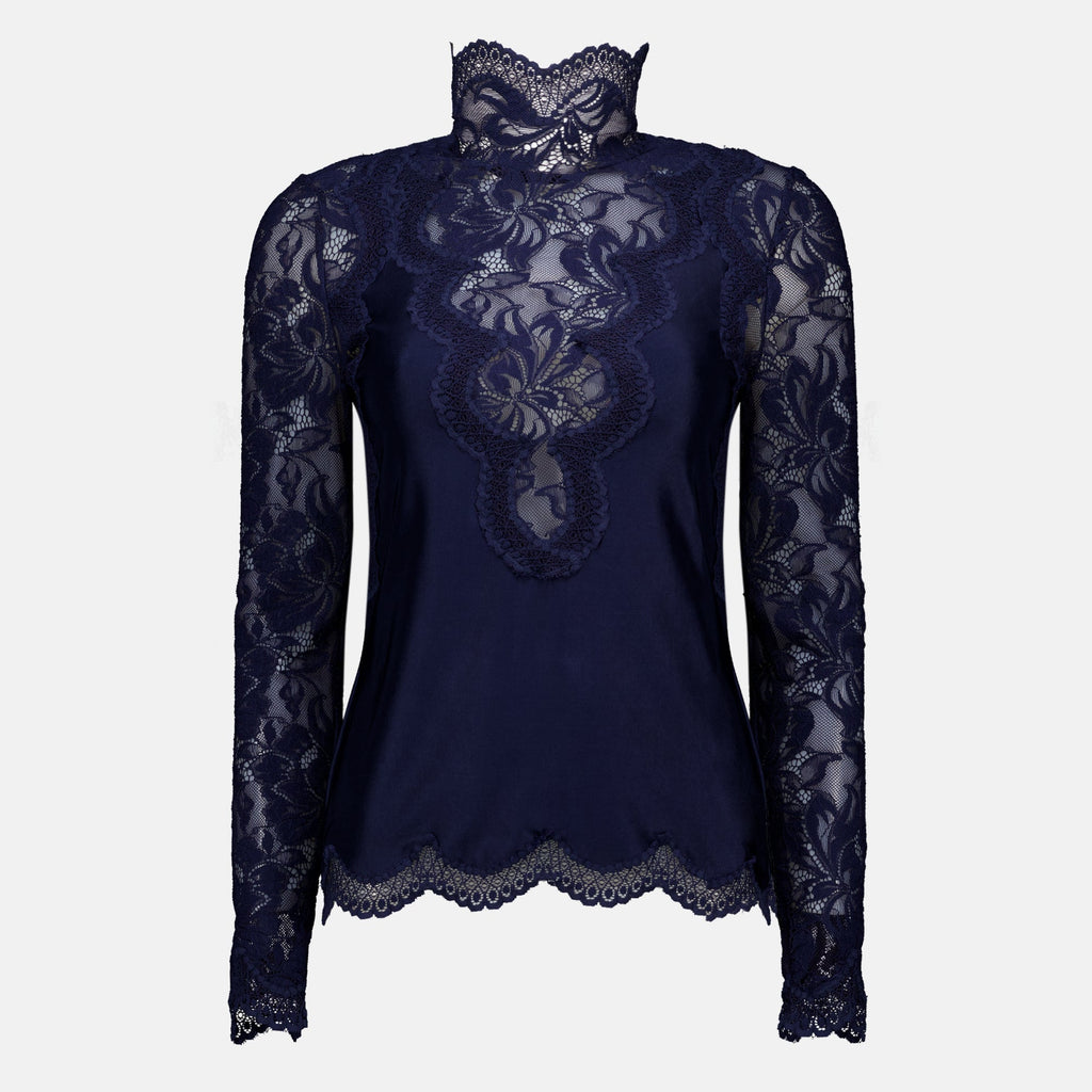 Navy Lace and Jersey Top