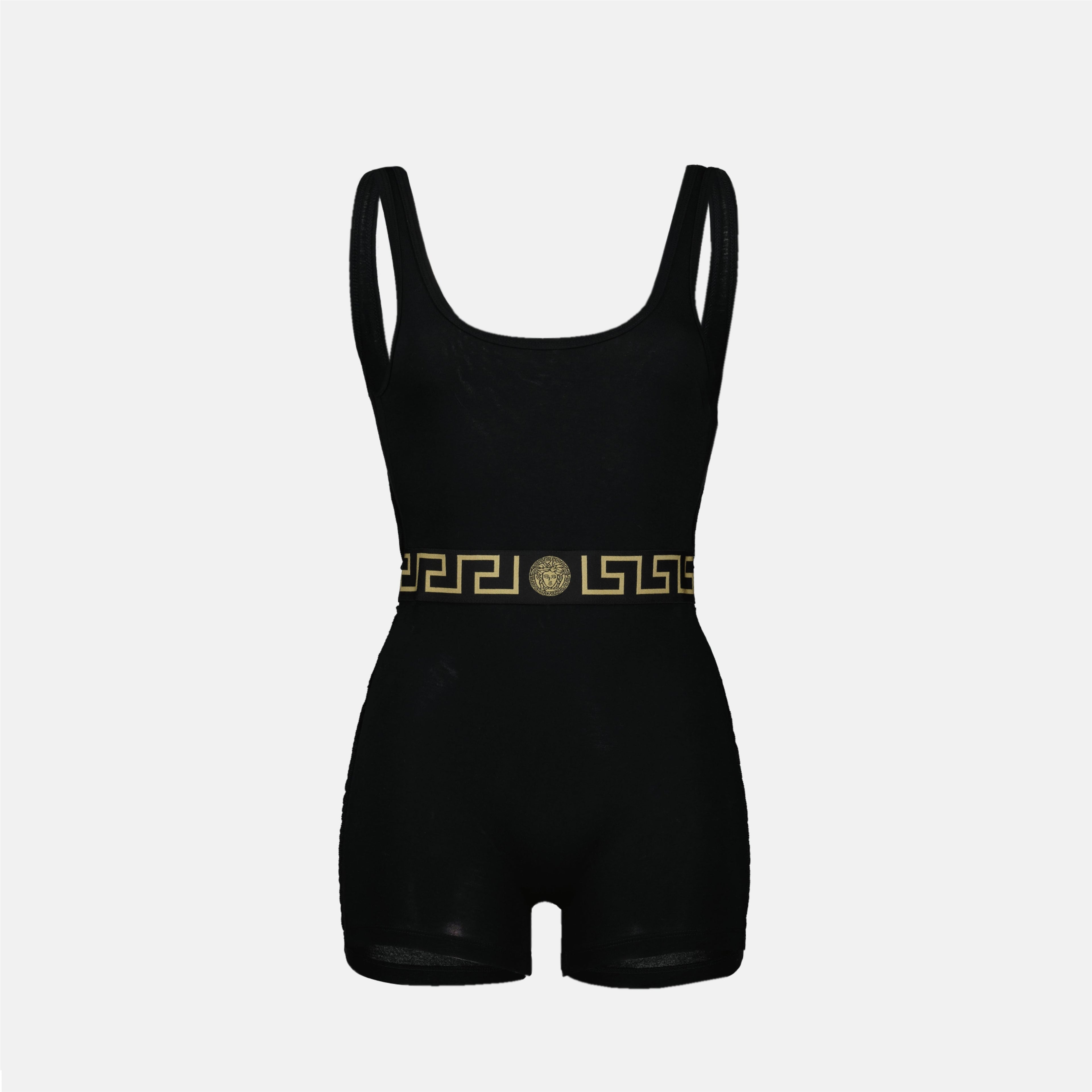 Versace jumpsuit, Medusa Greca, black jersey jumpsuit, designer jumpsuit, Spring-Summer 2025 outfit