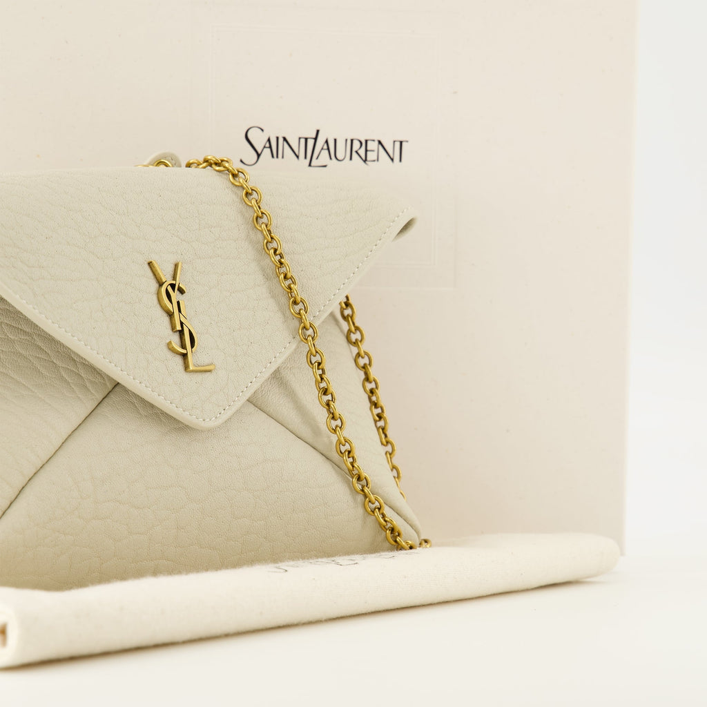 Cassandre Chain Pouch, Saint Laurent handbag, luxury accessories, beige leather bag, chic designer pouch