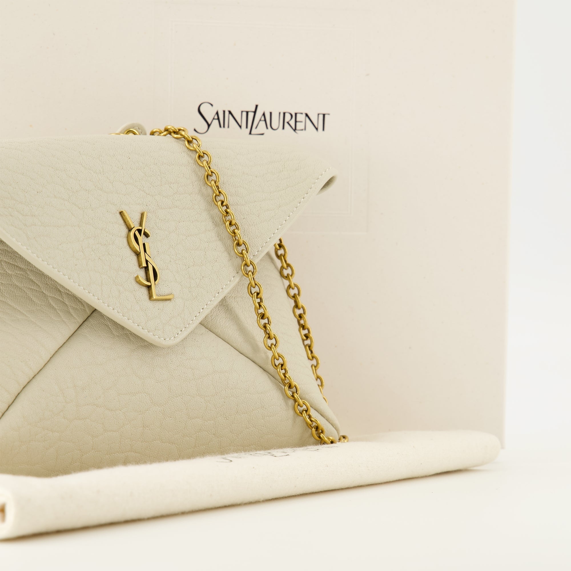 Cassandre Chain Pouch, Saint Laurent handbag, luxury accessories, beige leather bag, chic designer pouch