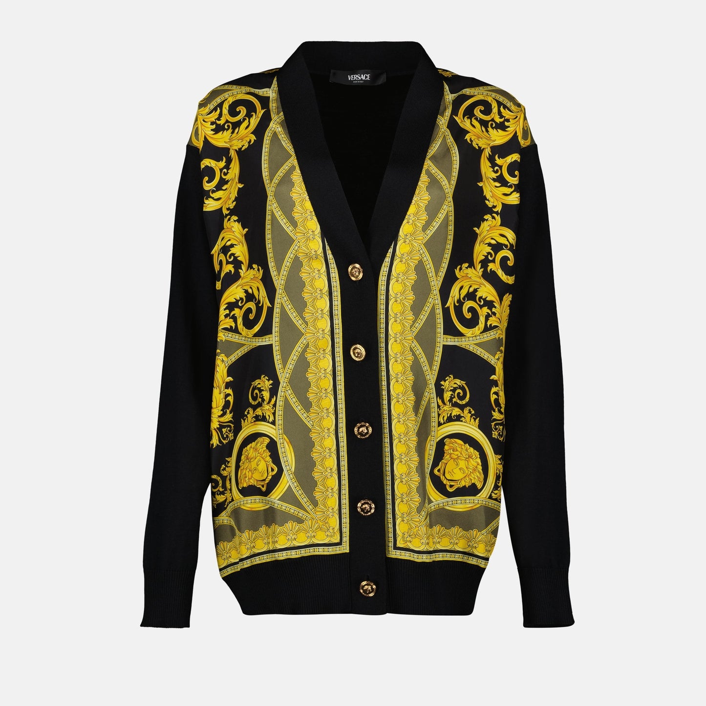 Barocco cardigan, Versace 2024, luxury knitwear, wool and silk, Barocco print