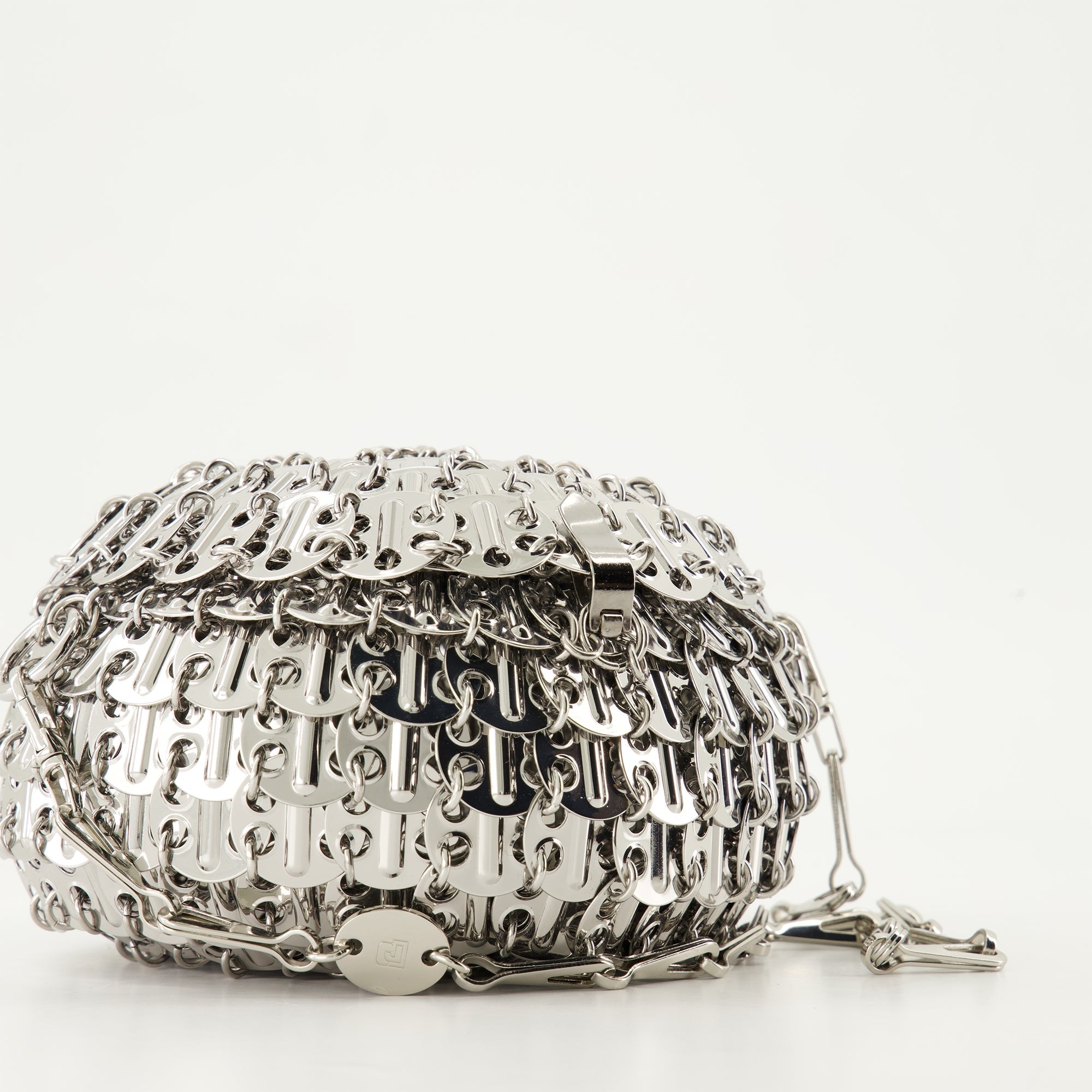 Iconic 1969 Bag, Silver Sphere Bag, Rabanne Collection, Elegant Handbag, Removable Chain Strap
