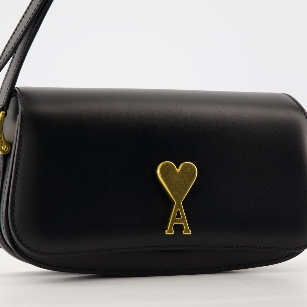 black leather bag, AMI baguette bag, unisex handbag, stylish leather accessories, Parisian design bag