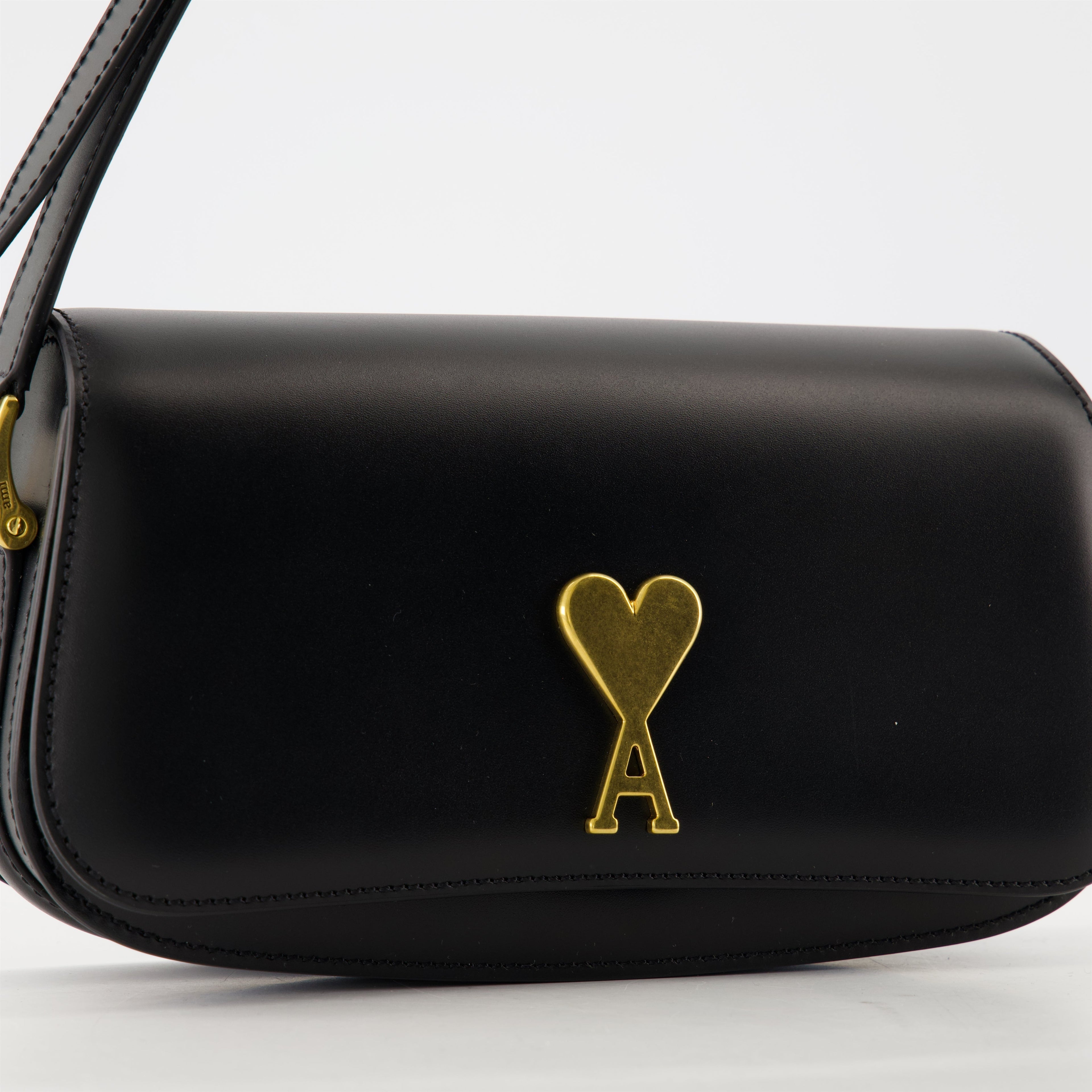 black leather bag, AMI baguette bag, unisex handbag, stylish leather accessories, Parisian design bag