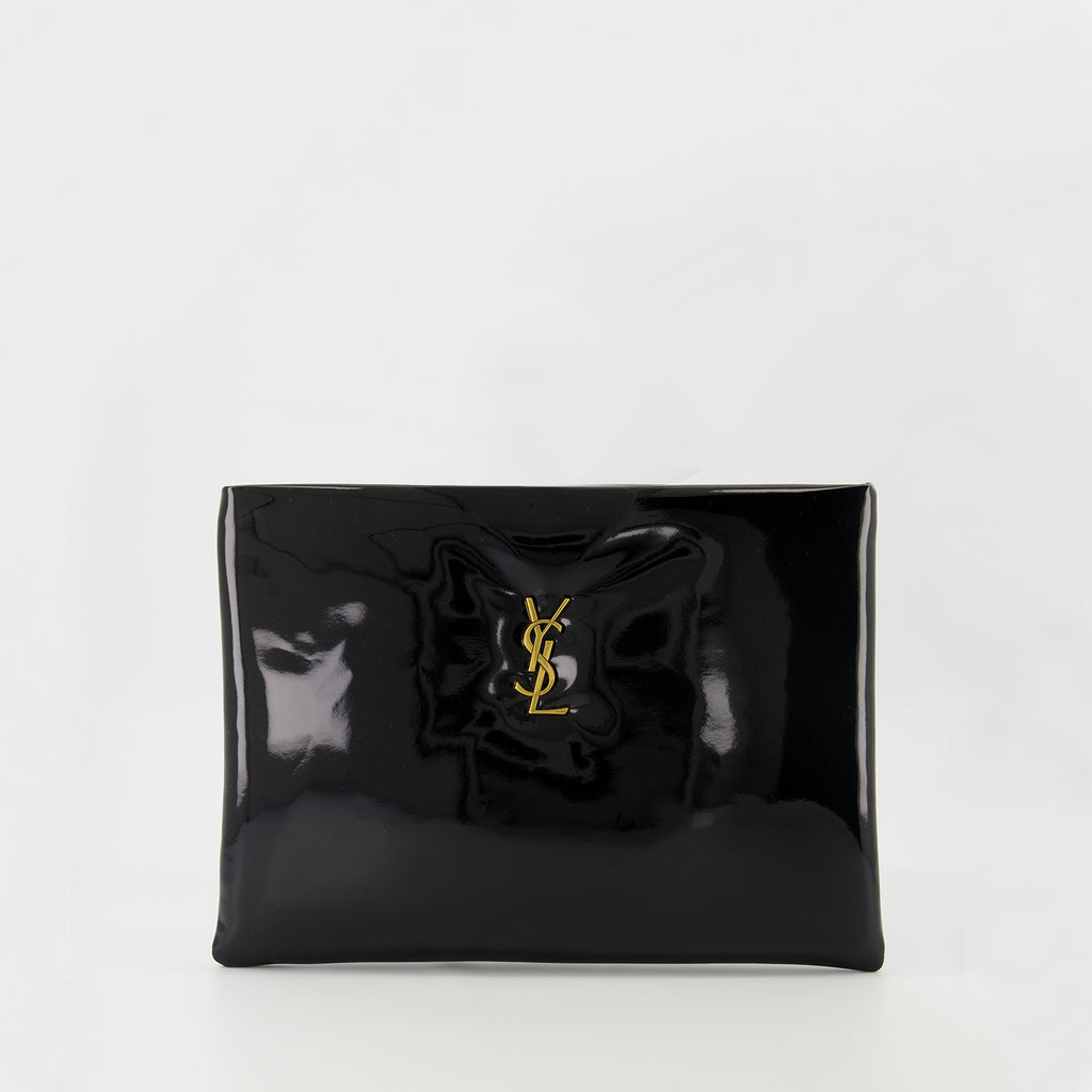 clutch bag, patent clutch, black handbag, Saint Laurent accessory, designer clutch