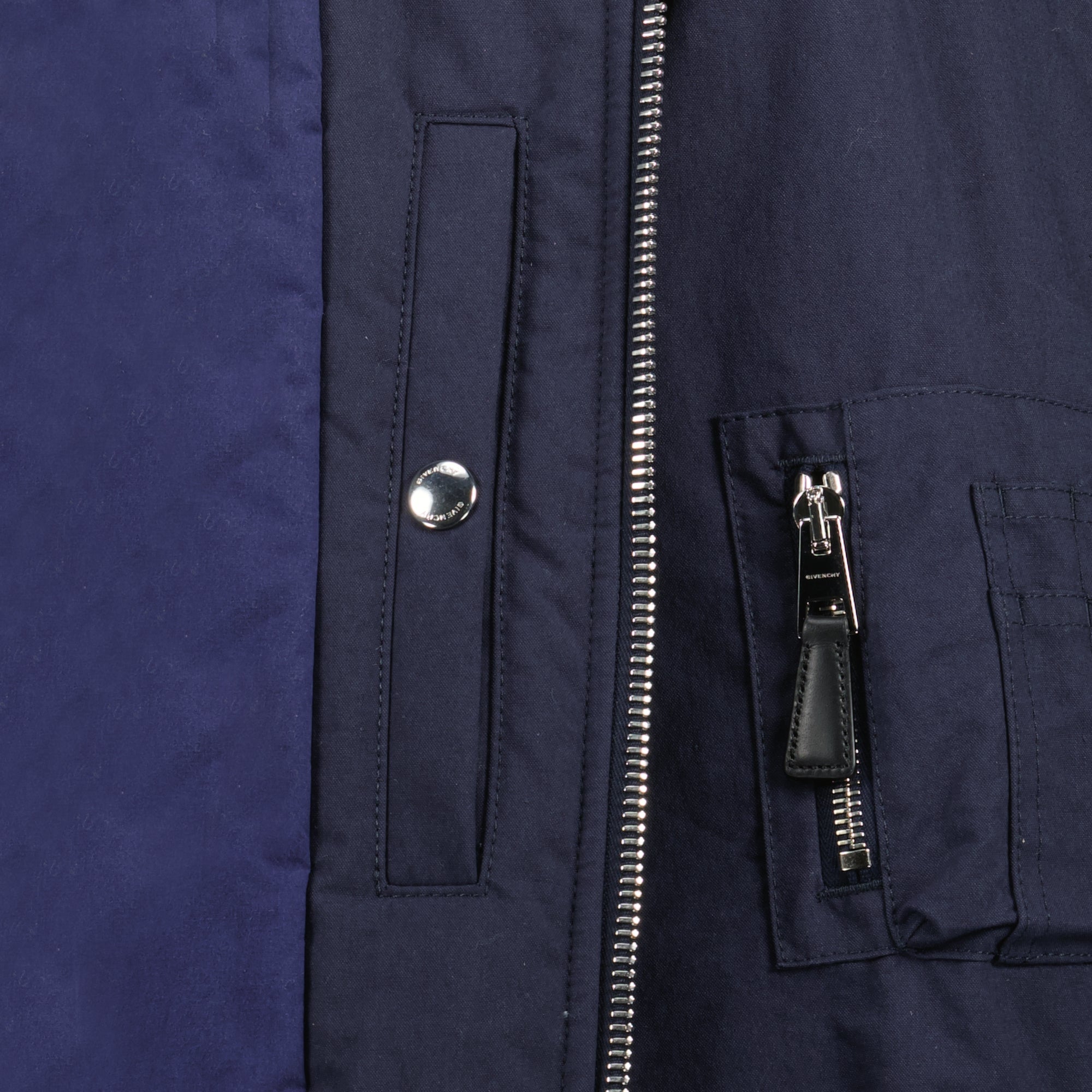 Givenchy bomber jacket, navy blue jacket, designer outerwear, cotton nylon blend, embroidered logo jacket