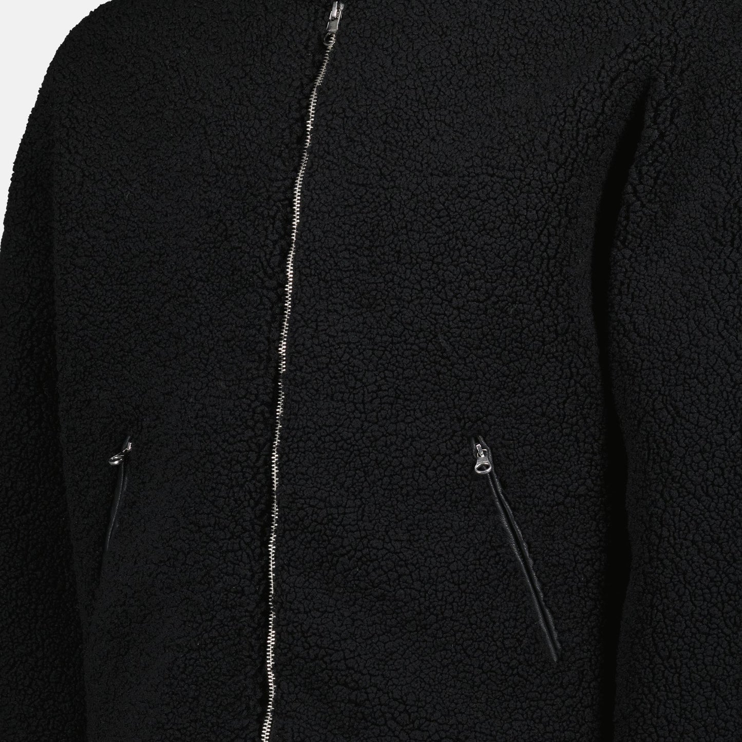 Black bomber jacket, Autumn-Winter 2024, fleece bomber, faux leather accents, long buttoned collar