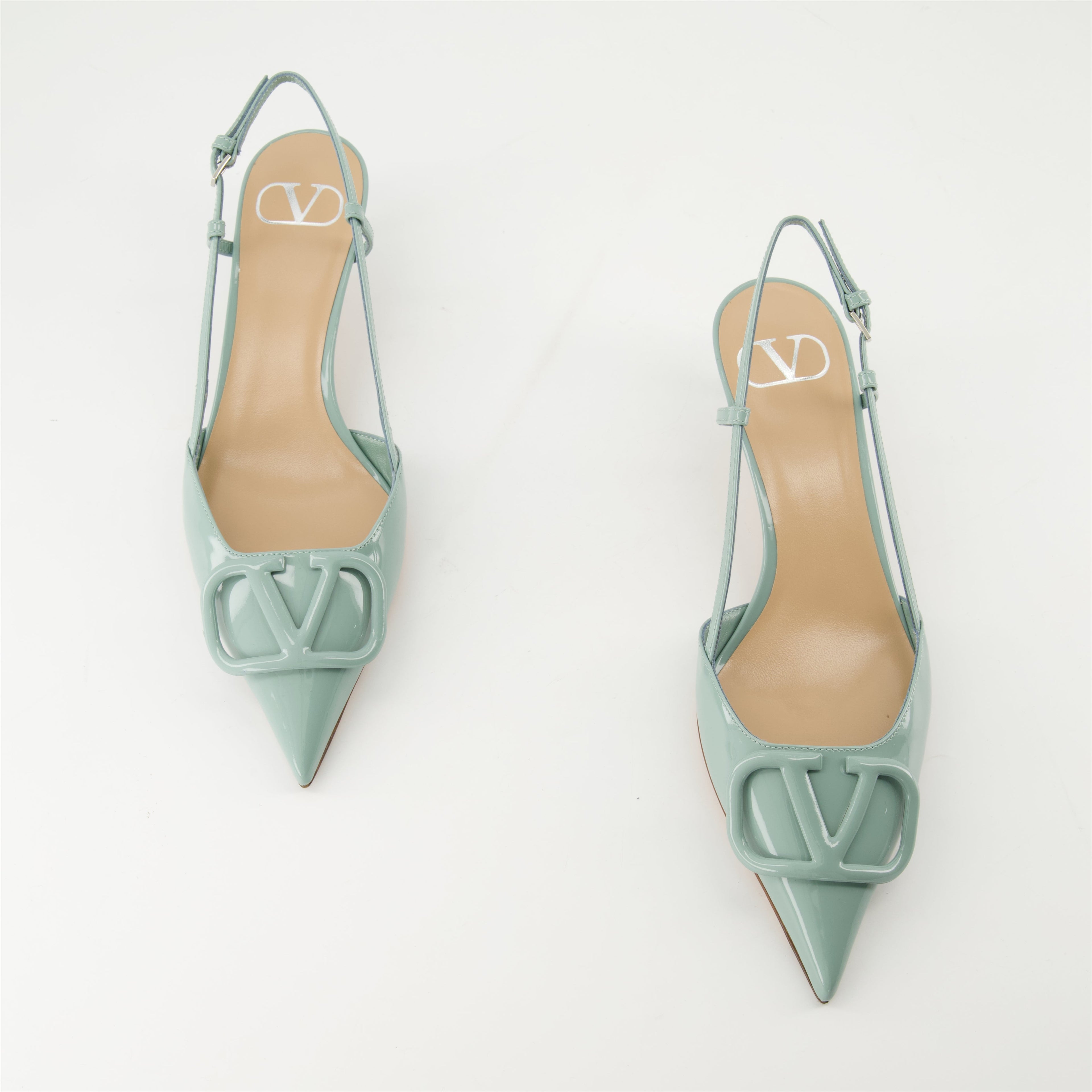green pumps, patent leather shoes, VLogo footwear, women’s heels, designer pumps