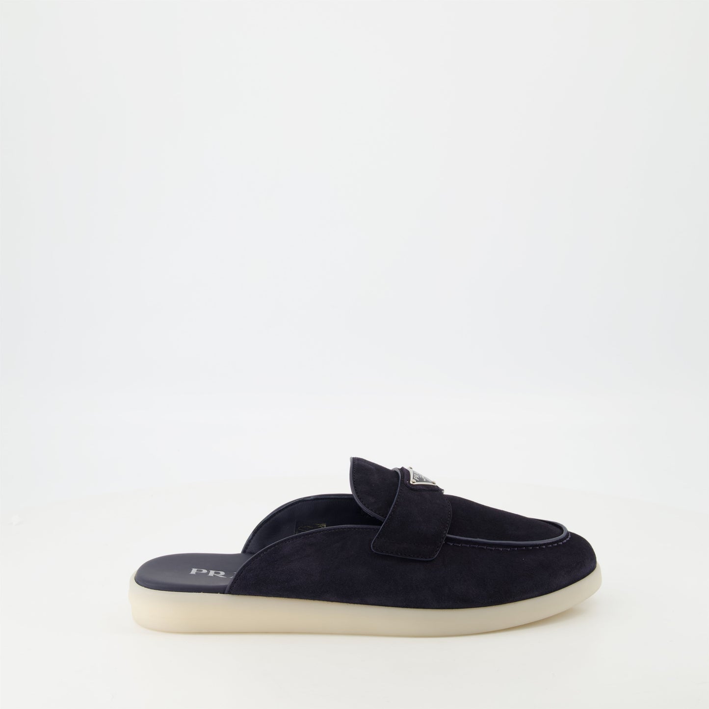 blue suede mules, Prada footwear, men's mules, designer slip-ons, luxury mules