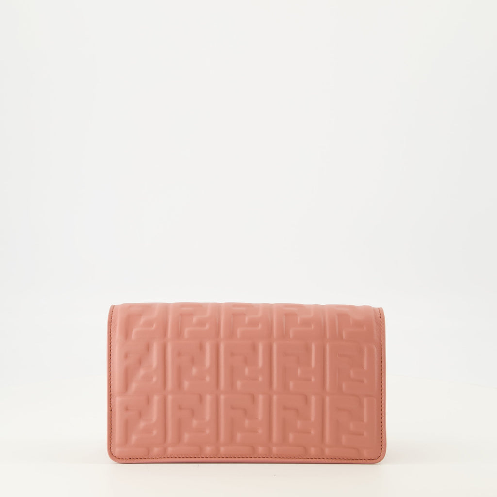 Fendi baguette wallet, luxury wallet, pink chain wallet, nappa leather wallet, FF embossed wallet