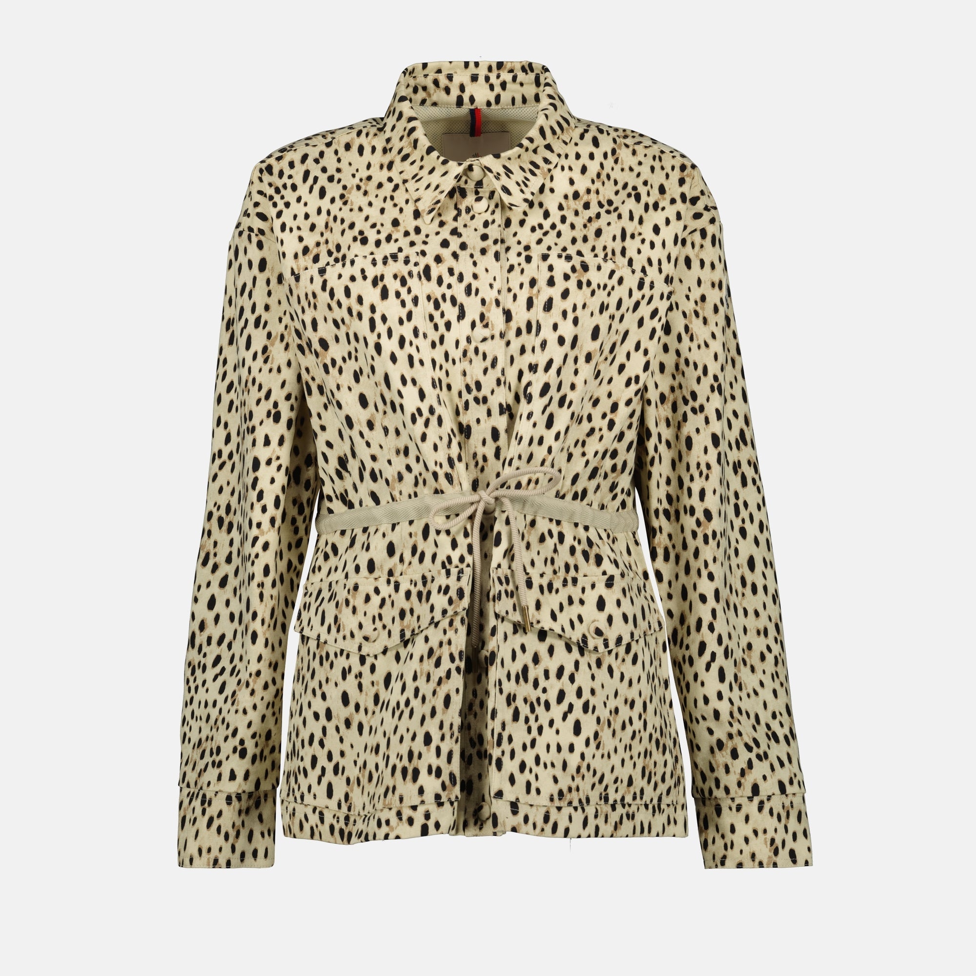 leopard print windbreaker, Moncler coat, technical serge jacket, adjustable fit outerwear, contemporary fashion
