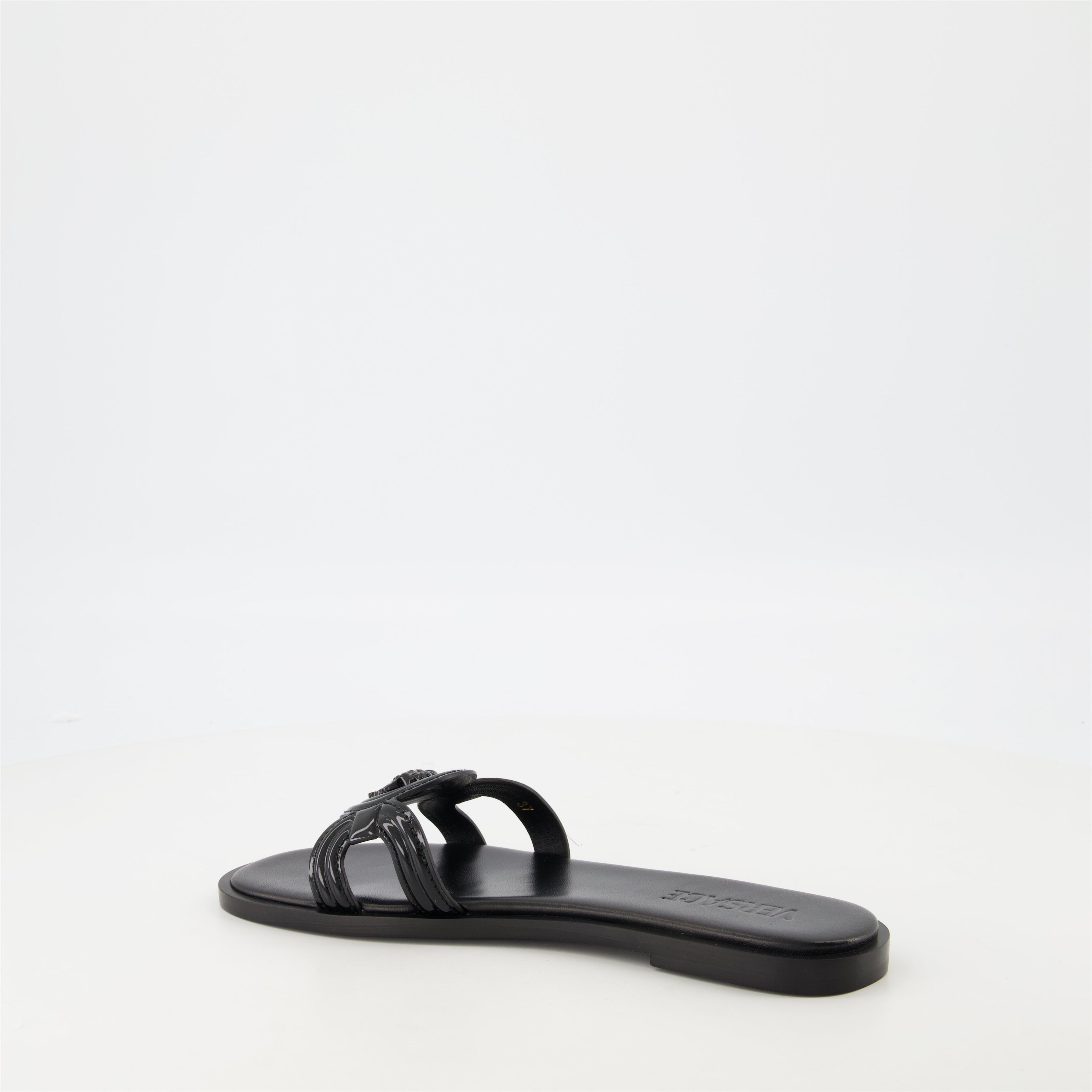 black leather slides, Medusa '95, stylish footwear, comfortable slides, luxury accessories