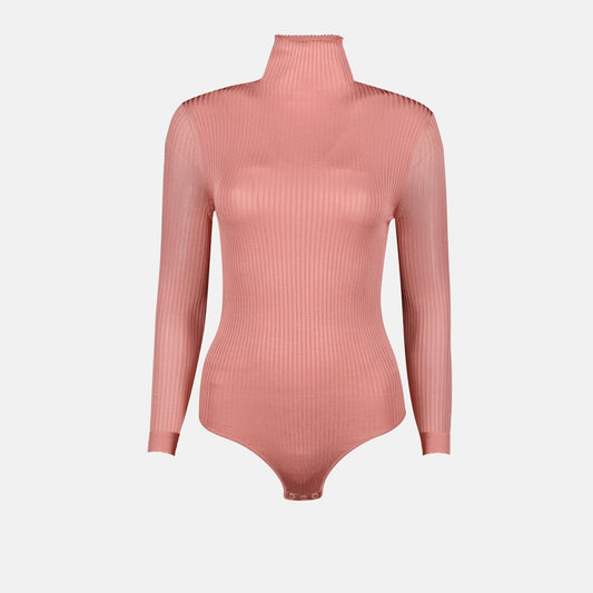 light pink bodysuit, high neck bodysuit, Fendi bodysuit, viscose bodysuit, slim fit bodysuit