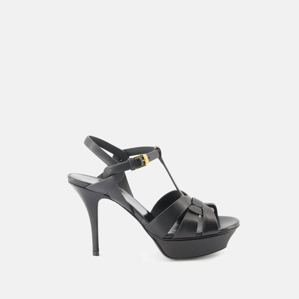 black heeled sandals, saint laurent sandals, elegant footwear, adjustable ankle strap sandals, platform heeled sandals