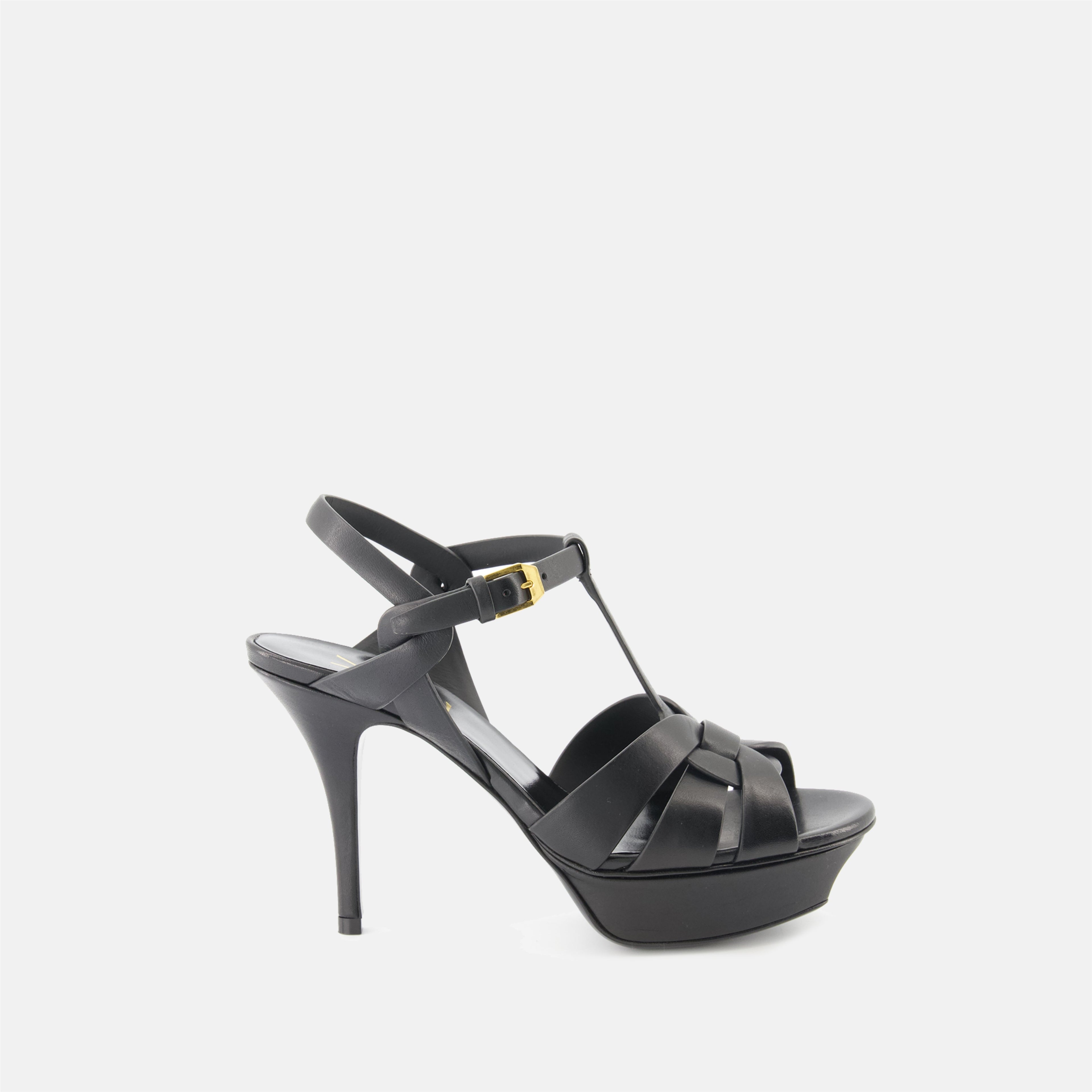 black heeled sandals, saint laurent sandals, elegant footwear, adjustable ankle strap sandals, platform heeled sandals