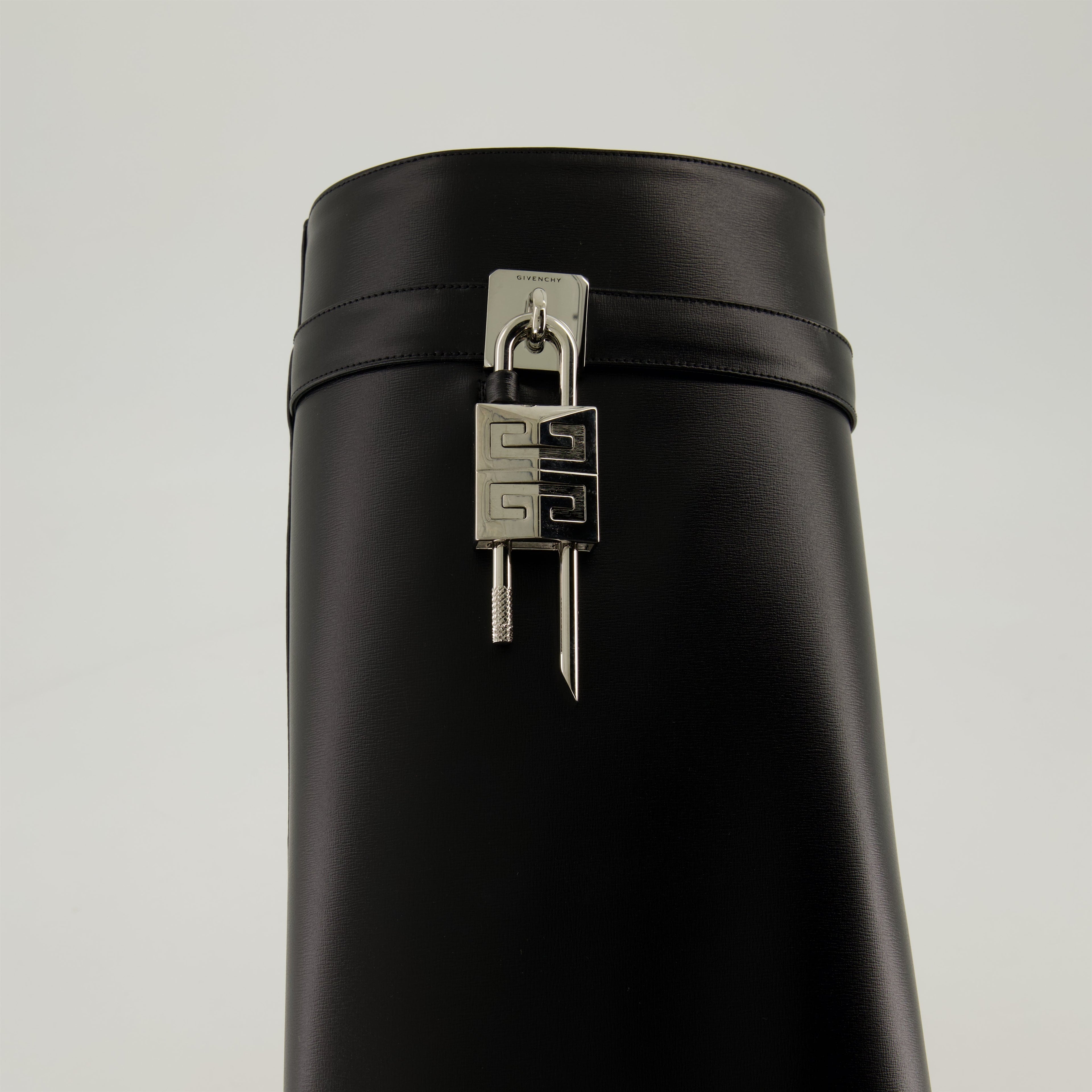Givenchy Shark Lock boots, black leather boots, wedge heel boots, luxury footwear, designer footwear