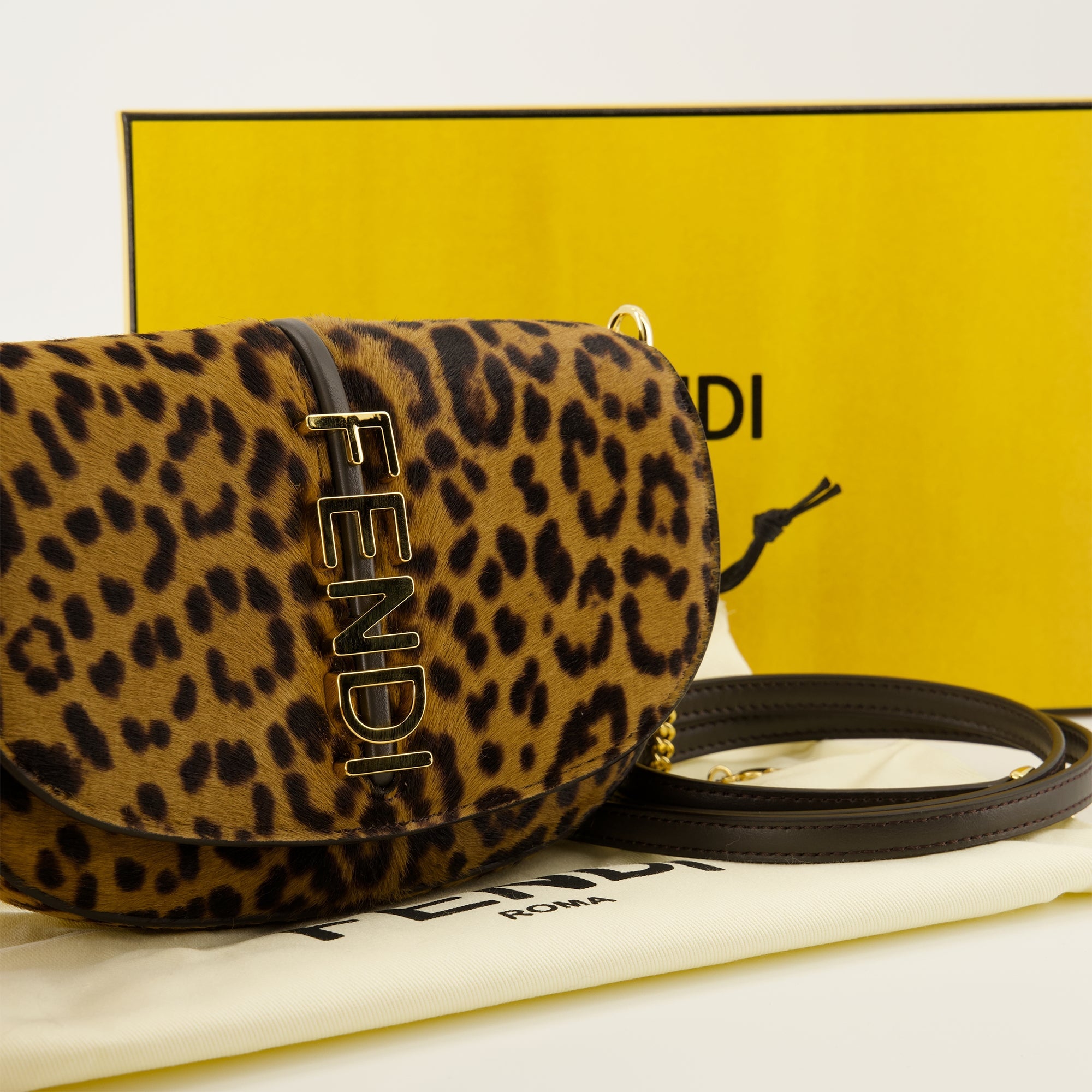 Fendi pouch, leopard print bag, calfskin accessory, removable chain pouch, fashionable clutch