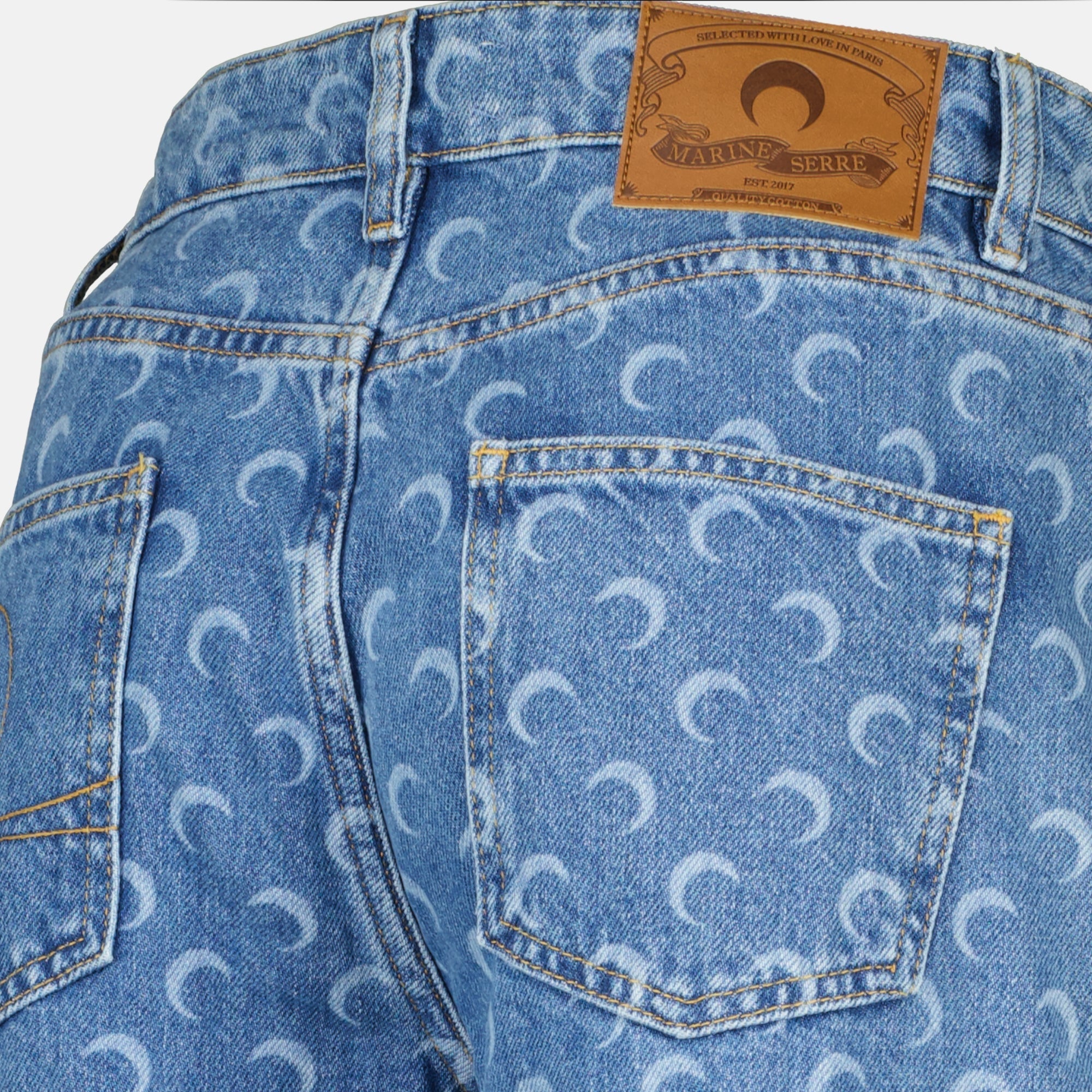 Marine Serre jeans, moon print denim, straight cut jeans, blue denim, five-pocket jeans