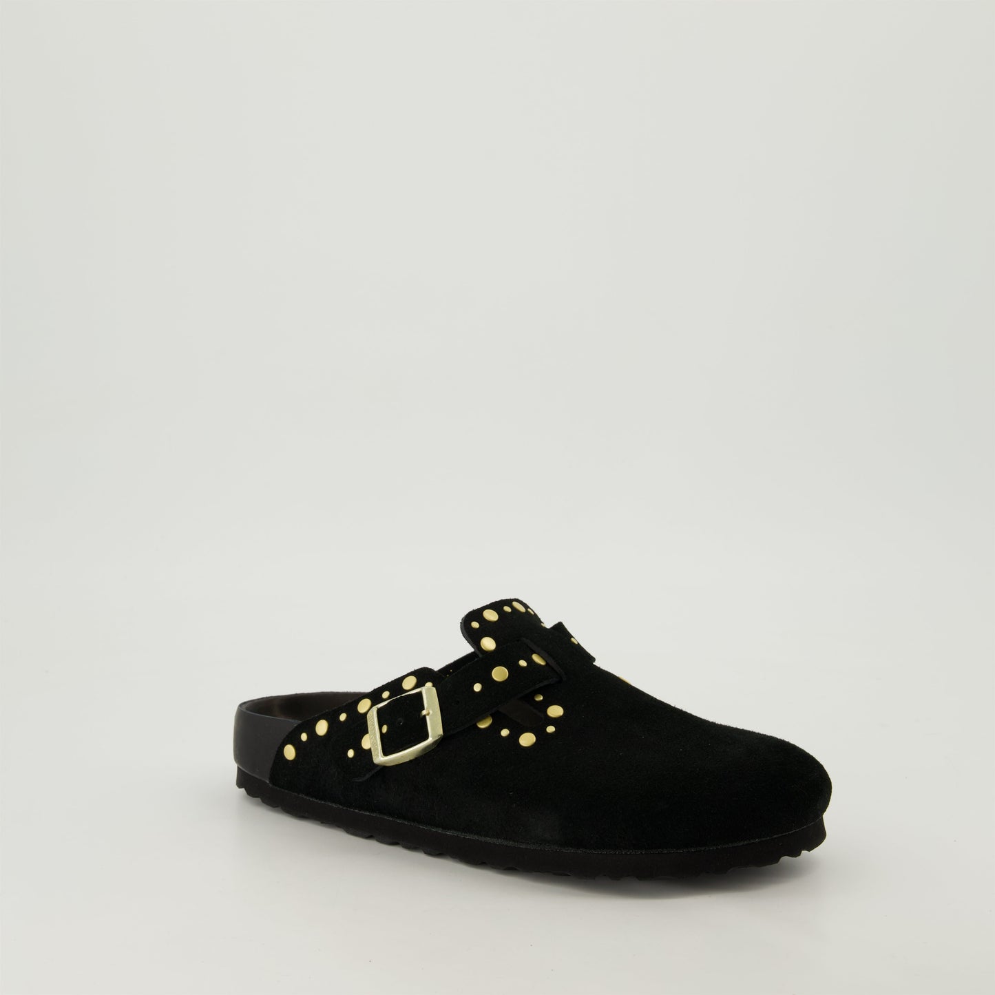 suede mules, gold studded mules, Boston mules, slip-on shoes, anatomical footbed