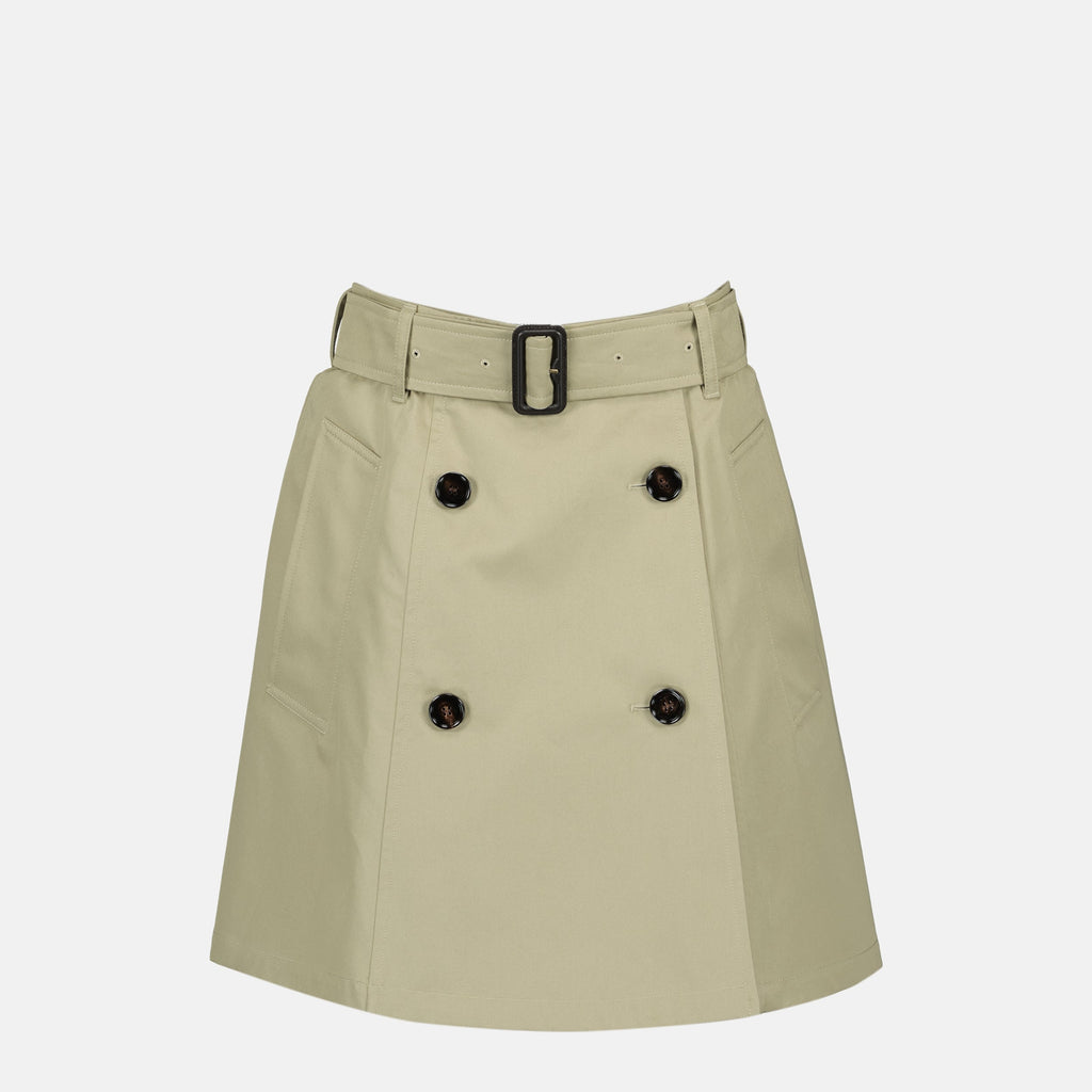 trench mini skirt, Burberry fashion, cotton gabardine skirt, beige skirt, adjustable waist skirt