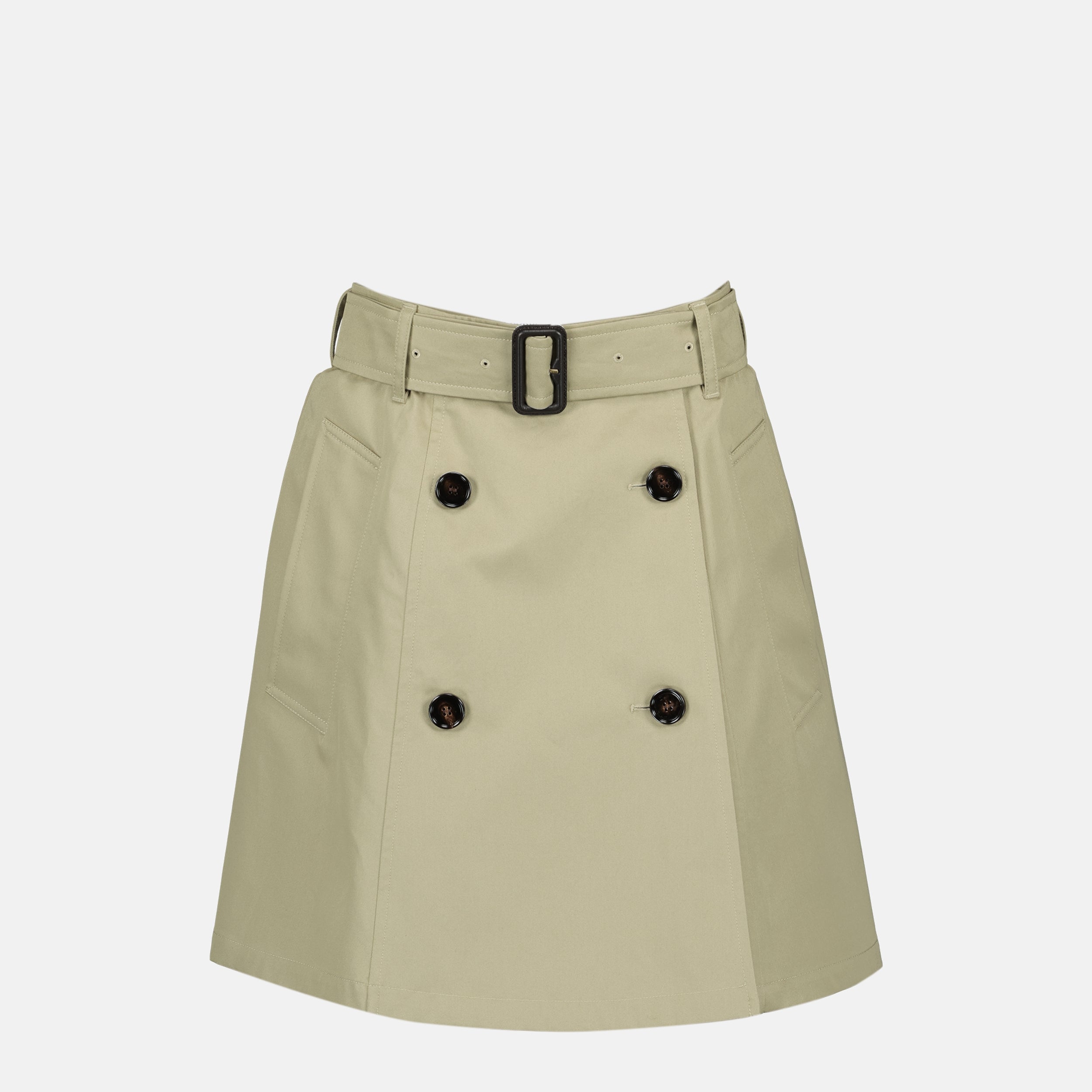 trench mini skirt, Burberry fashion, cotton gabardine skirt, beige skirt, adjustable waist skirt