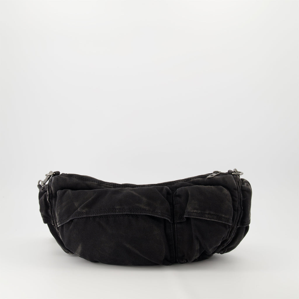 black denim bag, multi-pocket bag, unisex bag, adjustable strap, Diesel bag