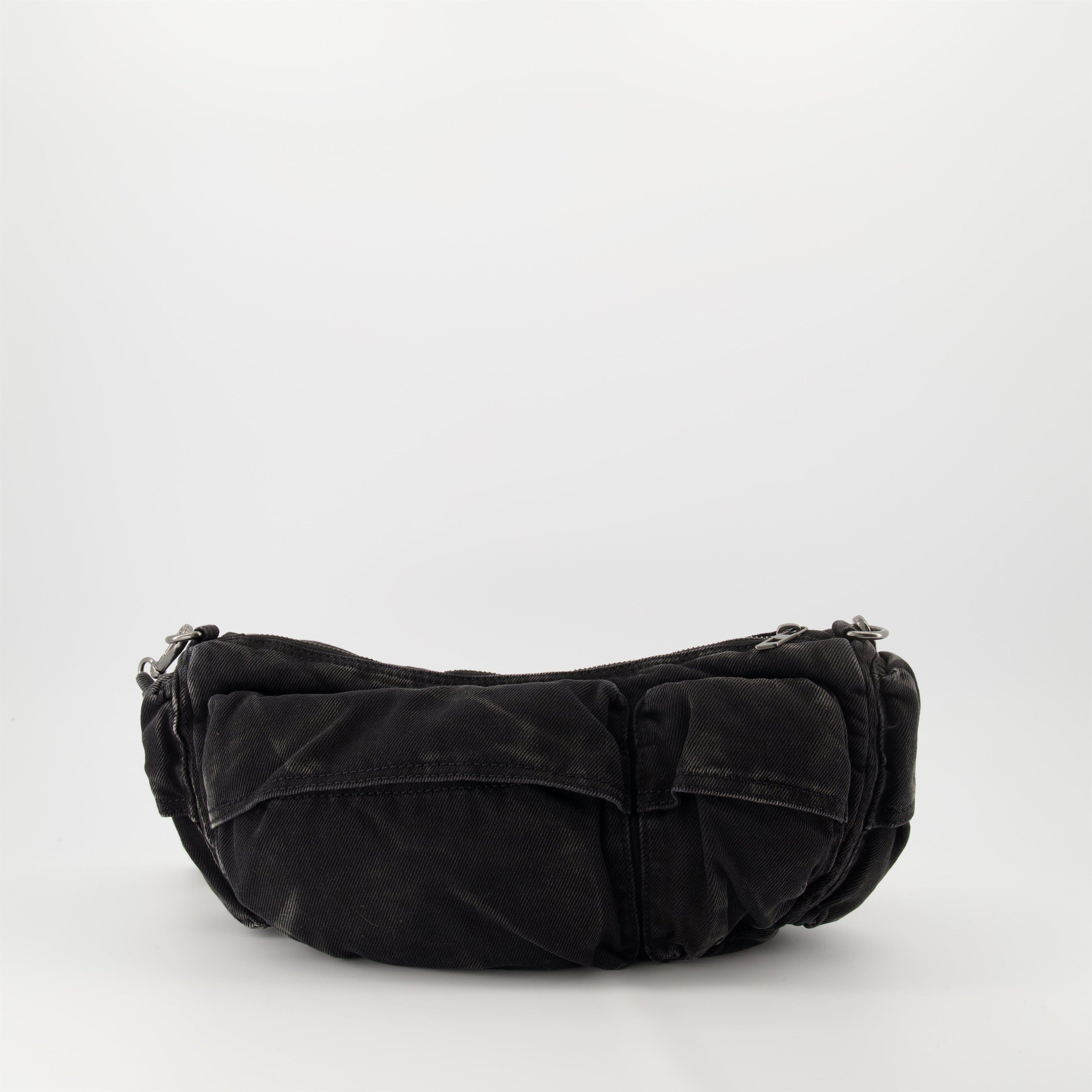black denim bag, multi-pocket bag, unisex bag, adjustable strap, Diesel bag