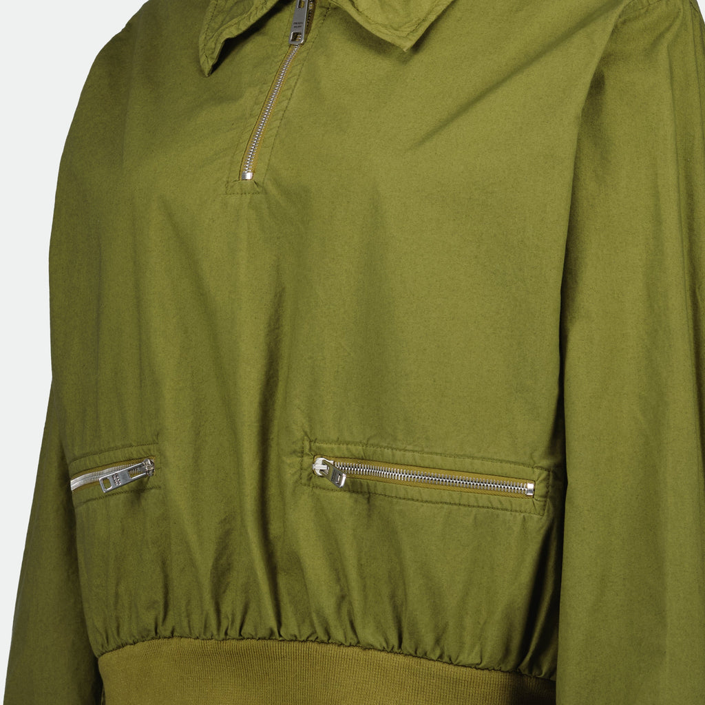 olive green jacket, poplin jacket, Prada jacket, funnel collar jacket, women's outerwear