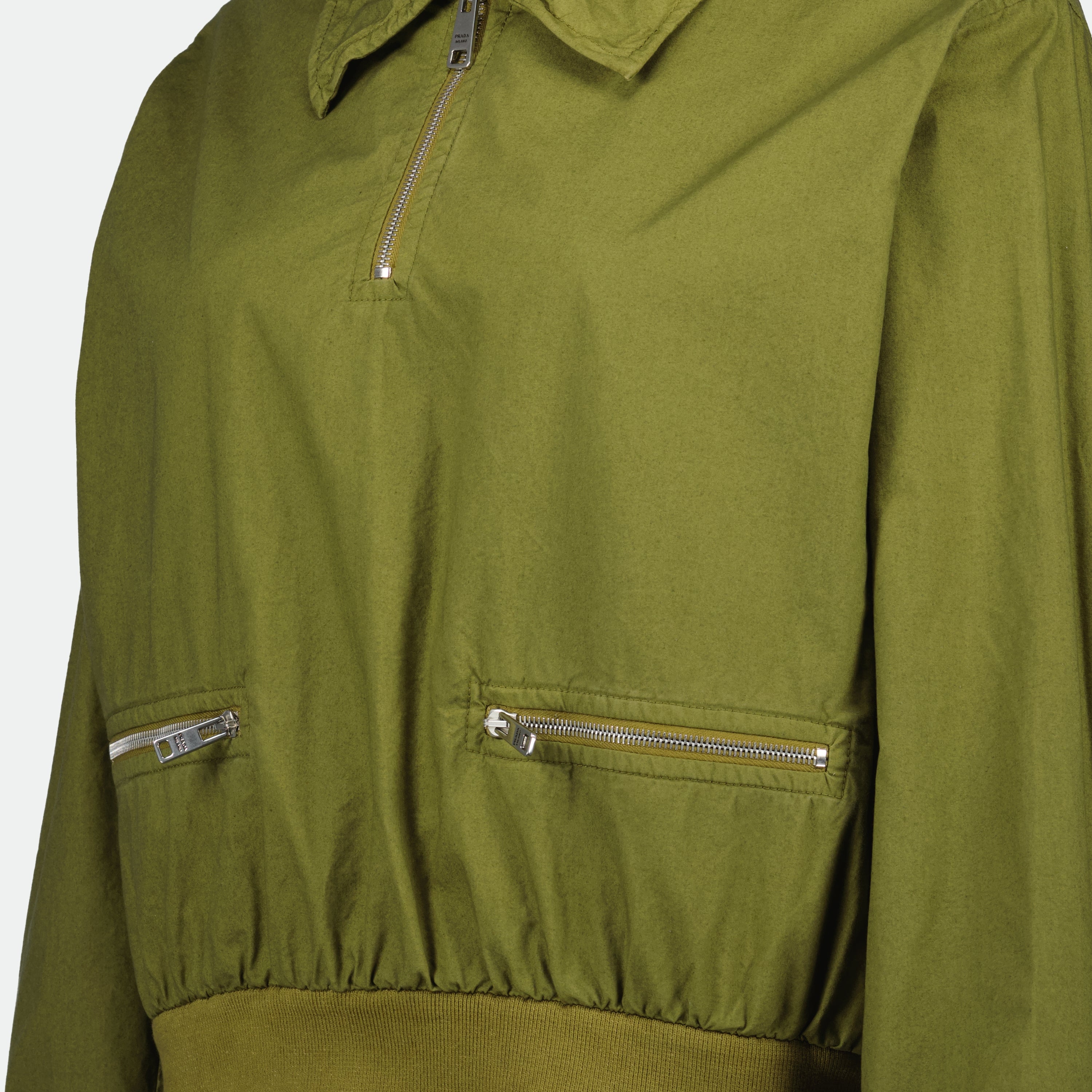 olive green jacket, poplin jacket, Prada jacket, funnel collar jacket, women's outerwear