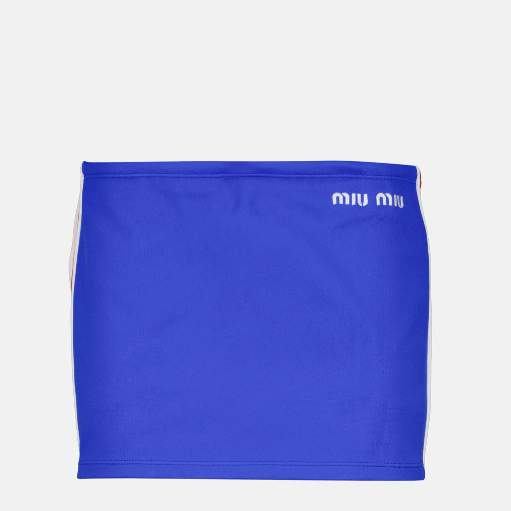 Miu Miu mini skirt, blue red skirt, spring summer collection, fashionable skirt, drawstring closure