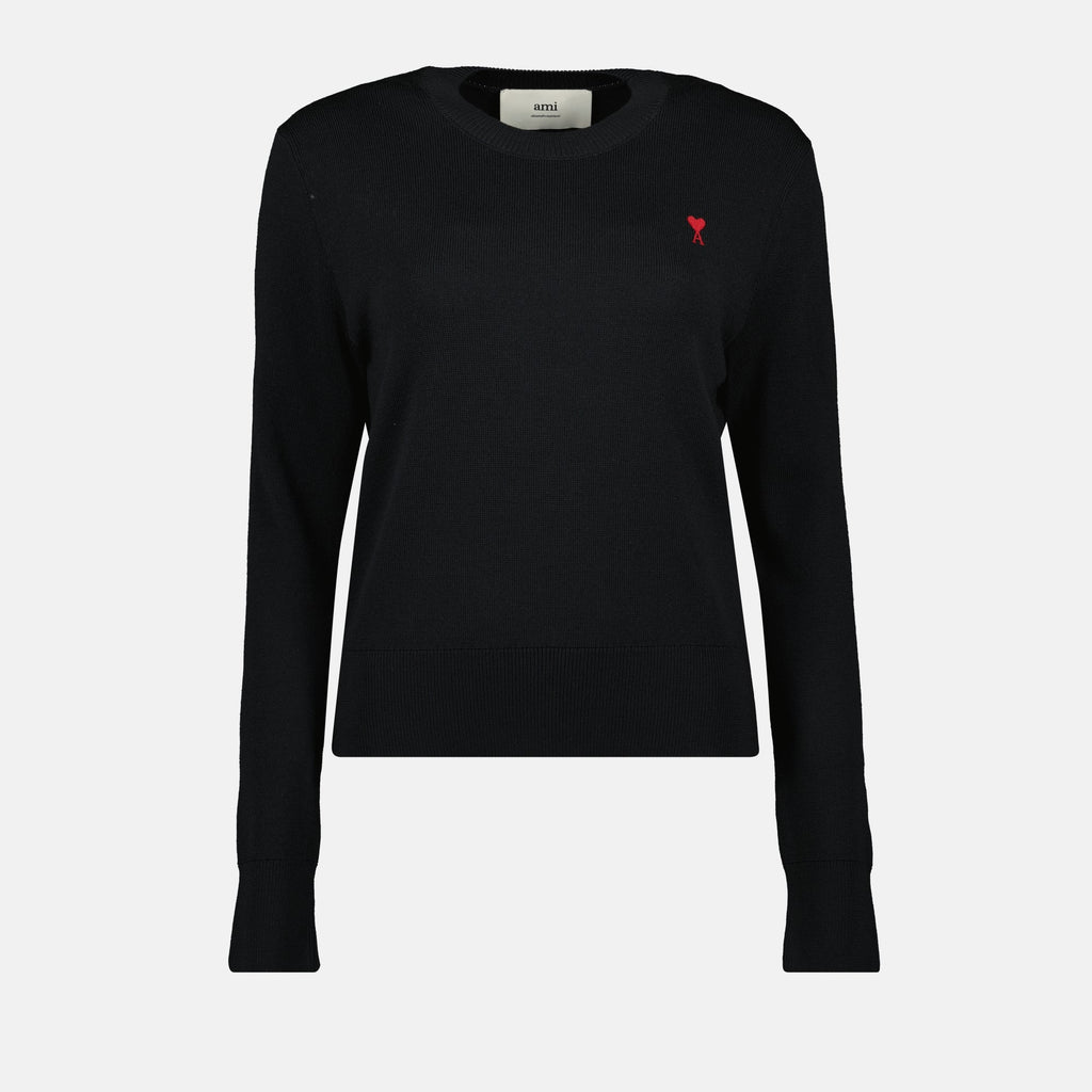 Image of Ami de Coeur Black Sweater by Ami PARIS for Women - Season Autumn-Winter 2025 - Front View