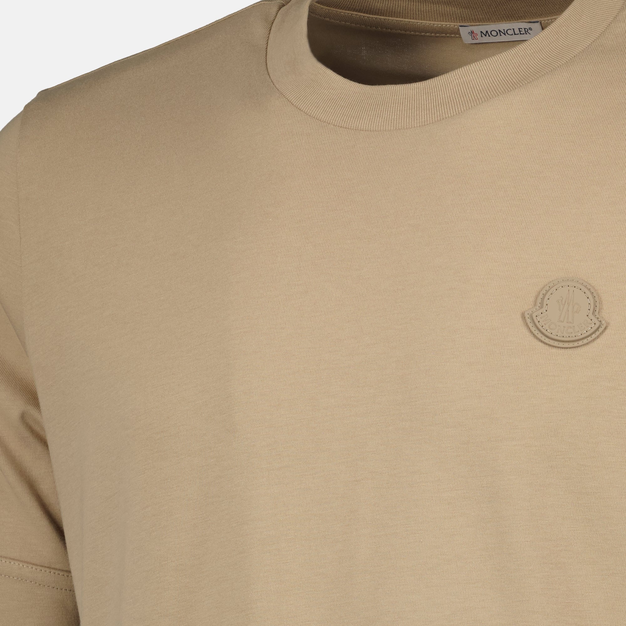 Moncler T-shirt, leather logo shirt, beige T-shirt, cotton jersey shirt, casual wear