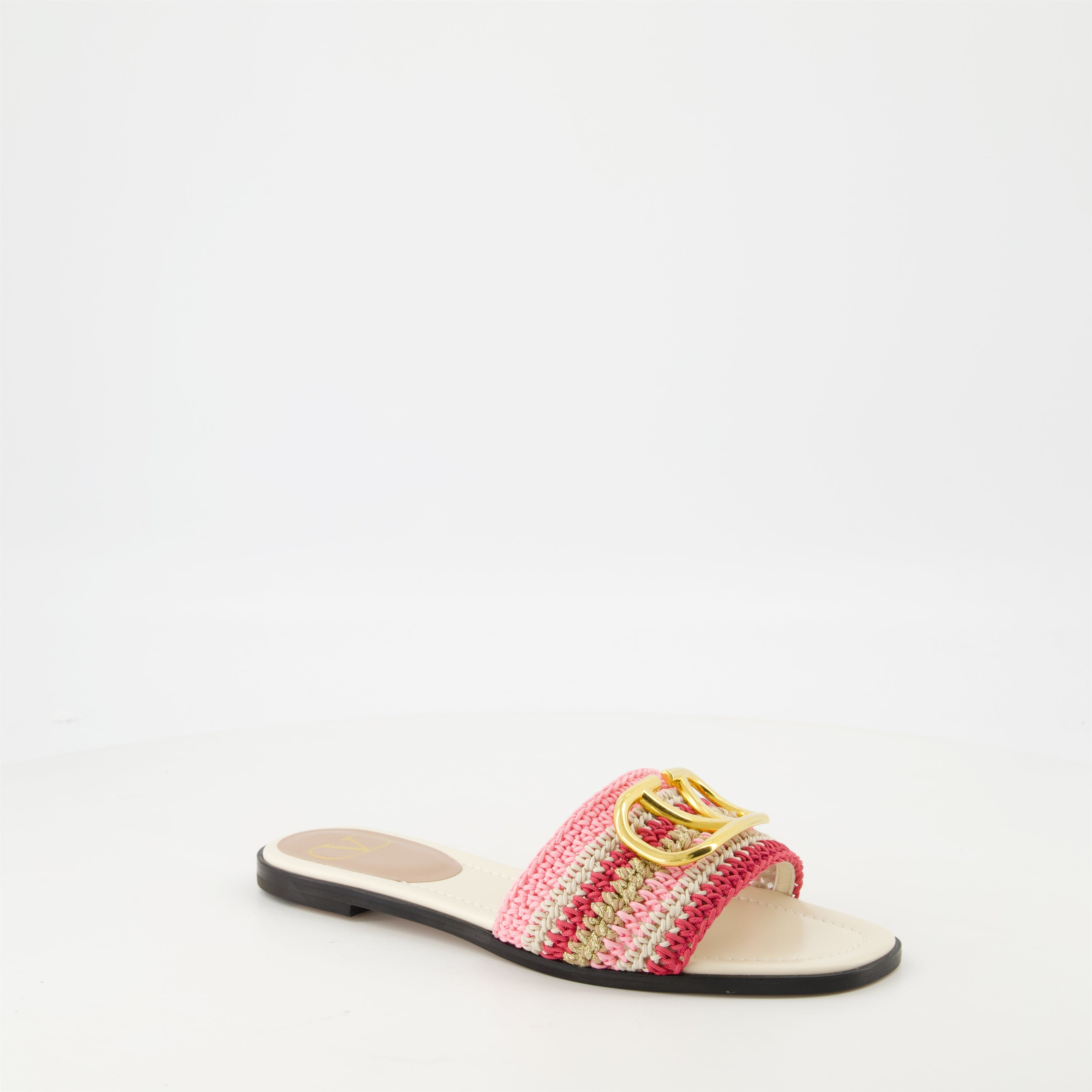 crochet sandals, pink VLogo sandals, embroidered footwear, elegant slide sandals, summer chic sandals