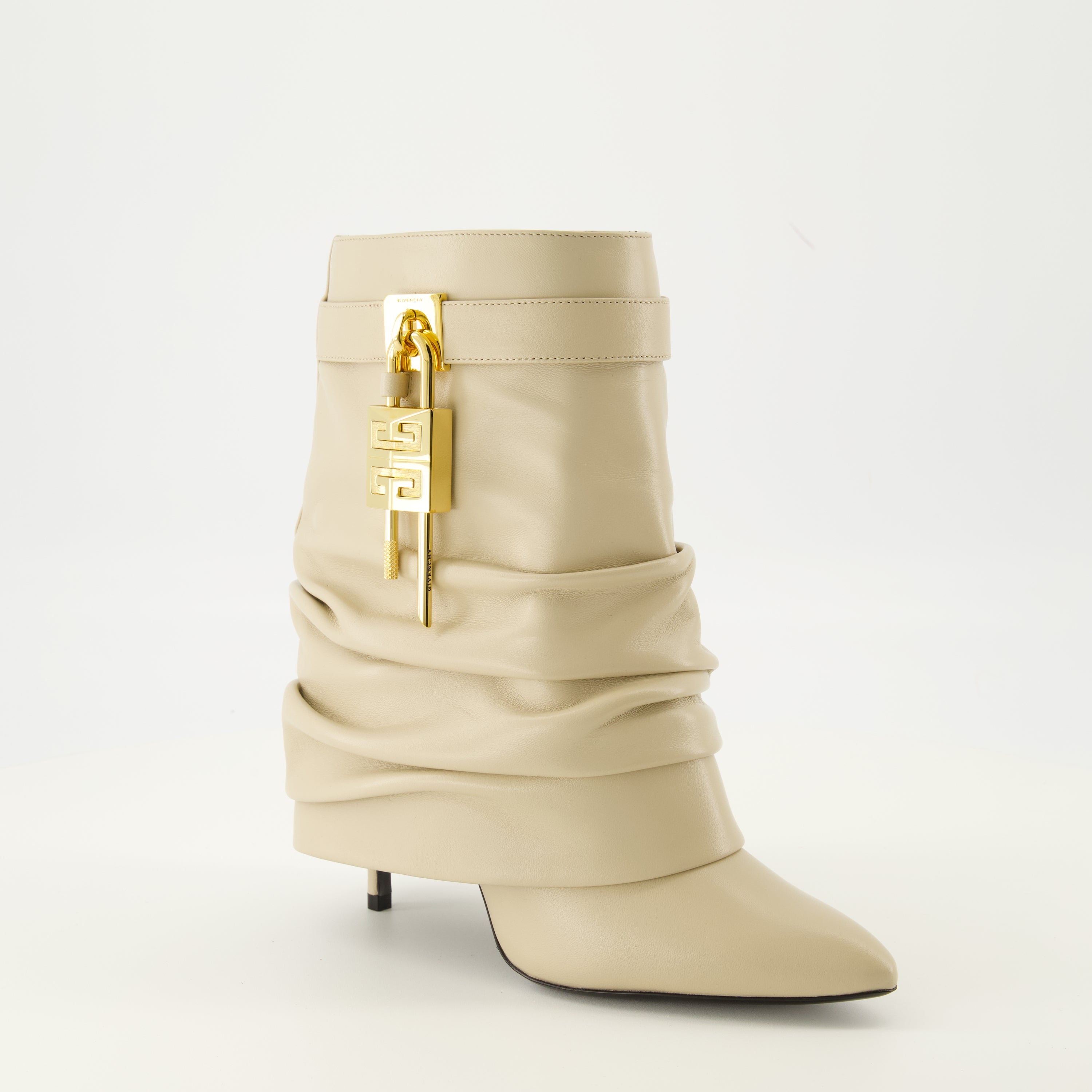 Givenchy booties, Shark Lock Stiletto, nappa leather footwear, golden metallic details, high-end women's shoes