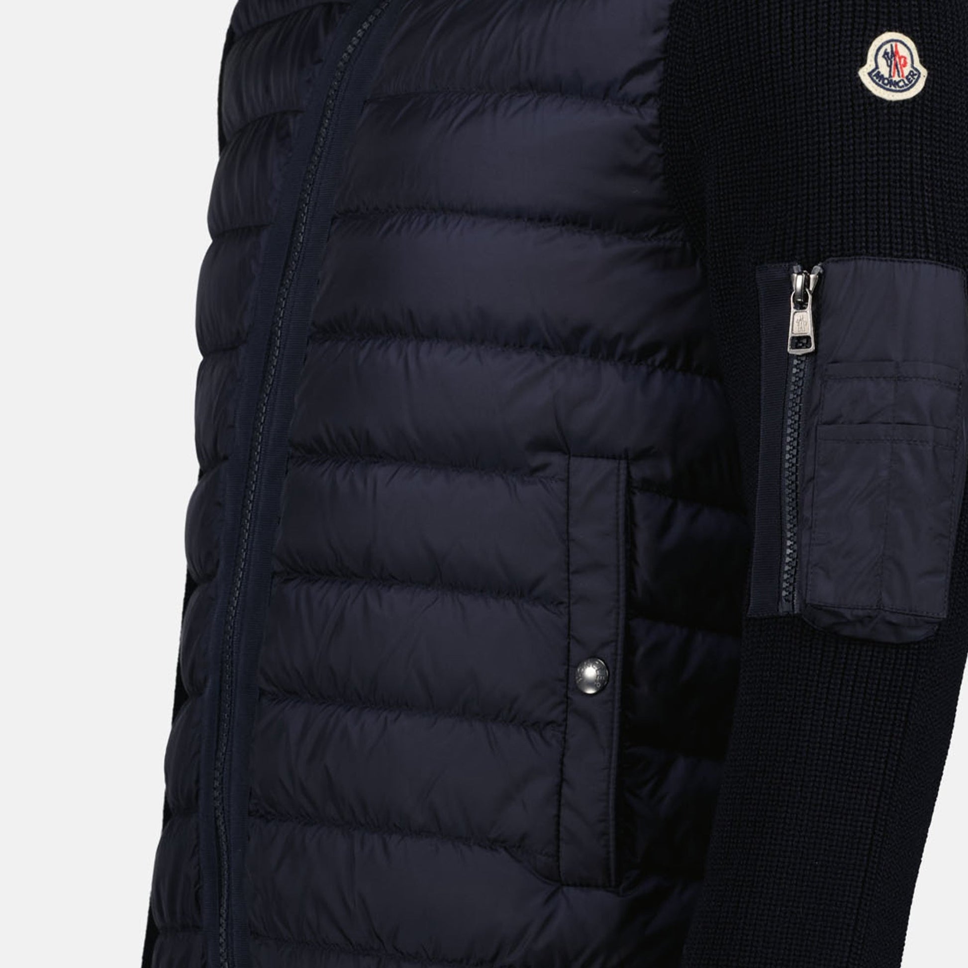 Moncler jacket, bi-material jacket, navy blue jacket, luxury outerwear, Autumn-Winter 2024