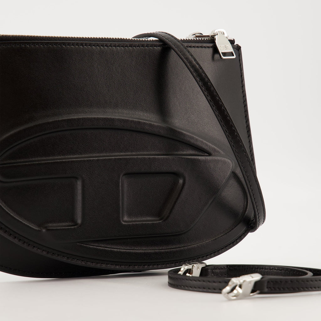 Diesel bag, 1DR Twin bag, black leather bag, zippered compartment bag, adjustable shoulder strap