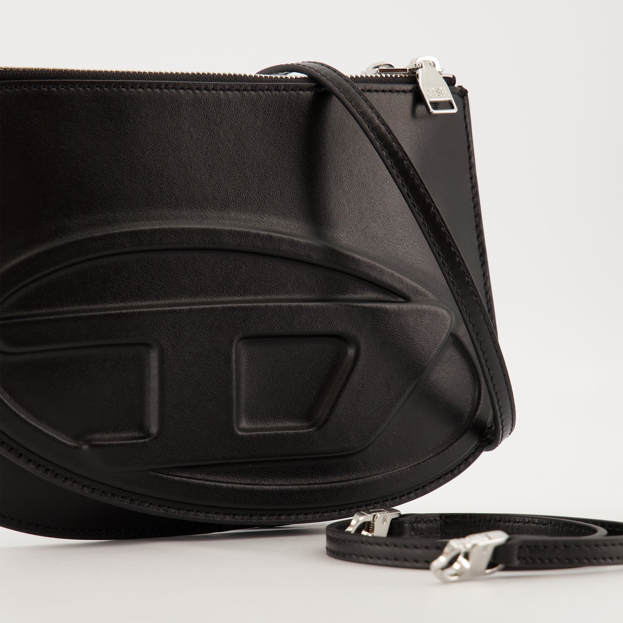 Diesel bag, 1DR Twin bag, black leather bag, zippered compartment bag, adjustable shoulder strap