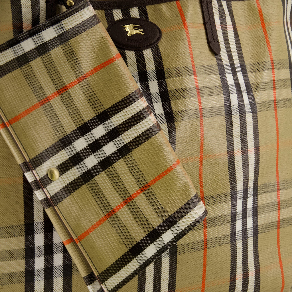 Highlands Check Tote, Burberry bag, cotton and linen tote, leather accents bag, elegant tote bag