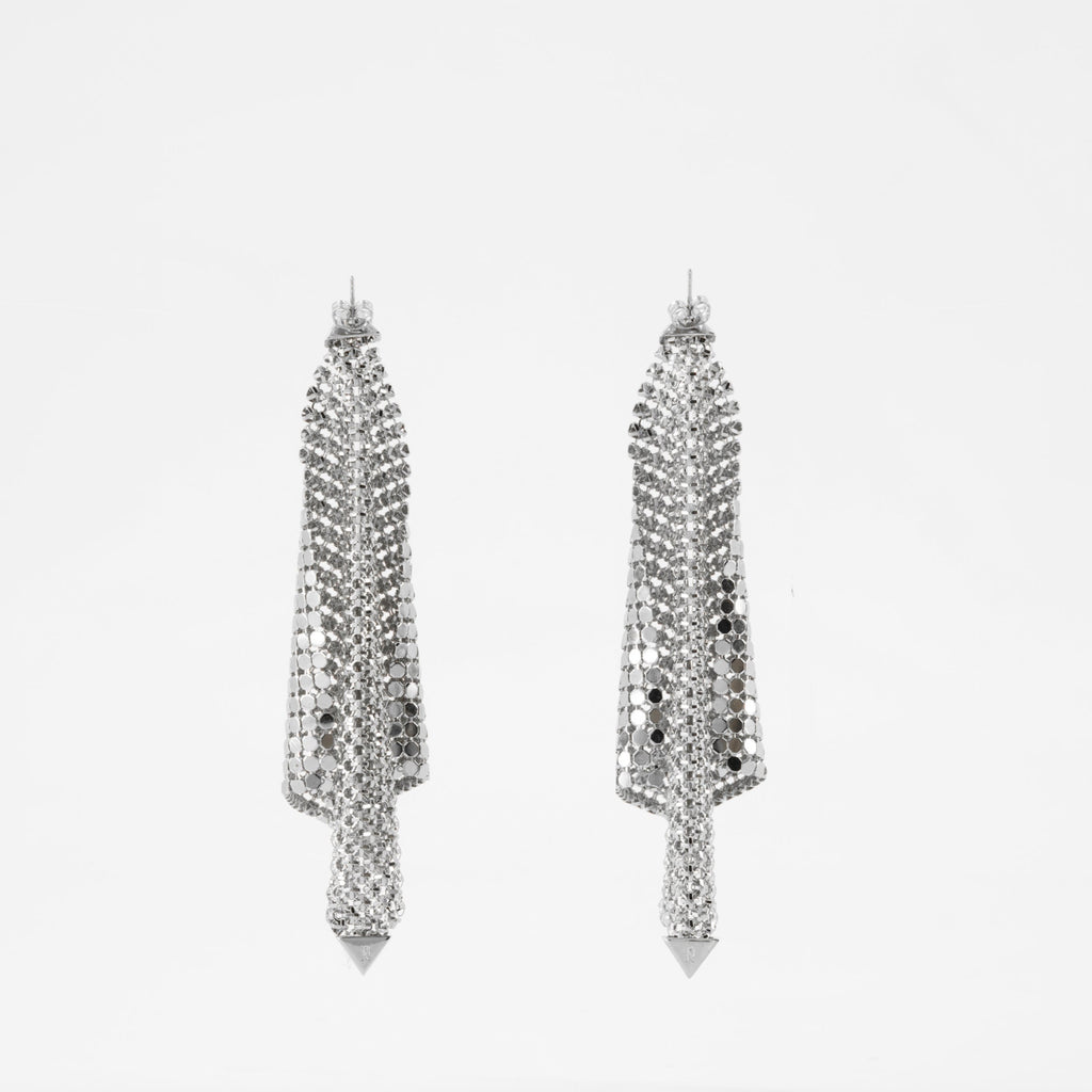Silver earrings, Rabanne Pixel earrings, Draped design earrings, Metallic mesh jewelry, Spring-Summer 2025 accessories