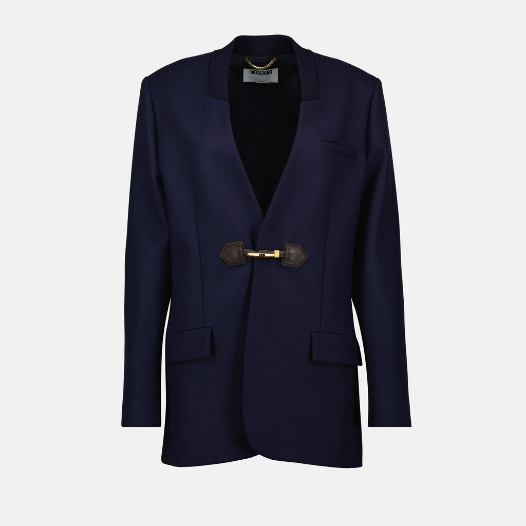 Moschino blazer, navy wool blazer, women's blazer, tailored fit, suede detailing
