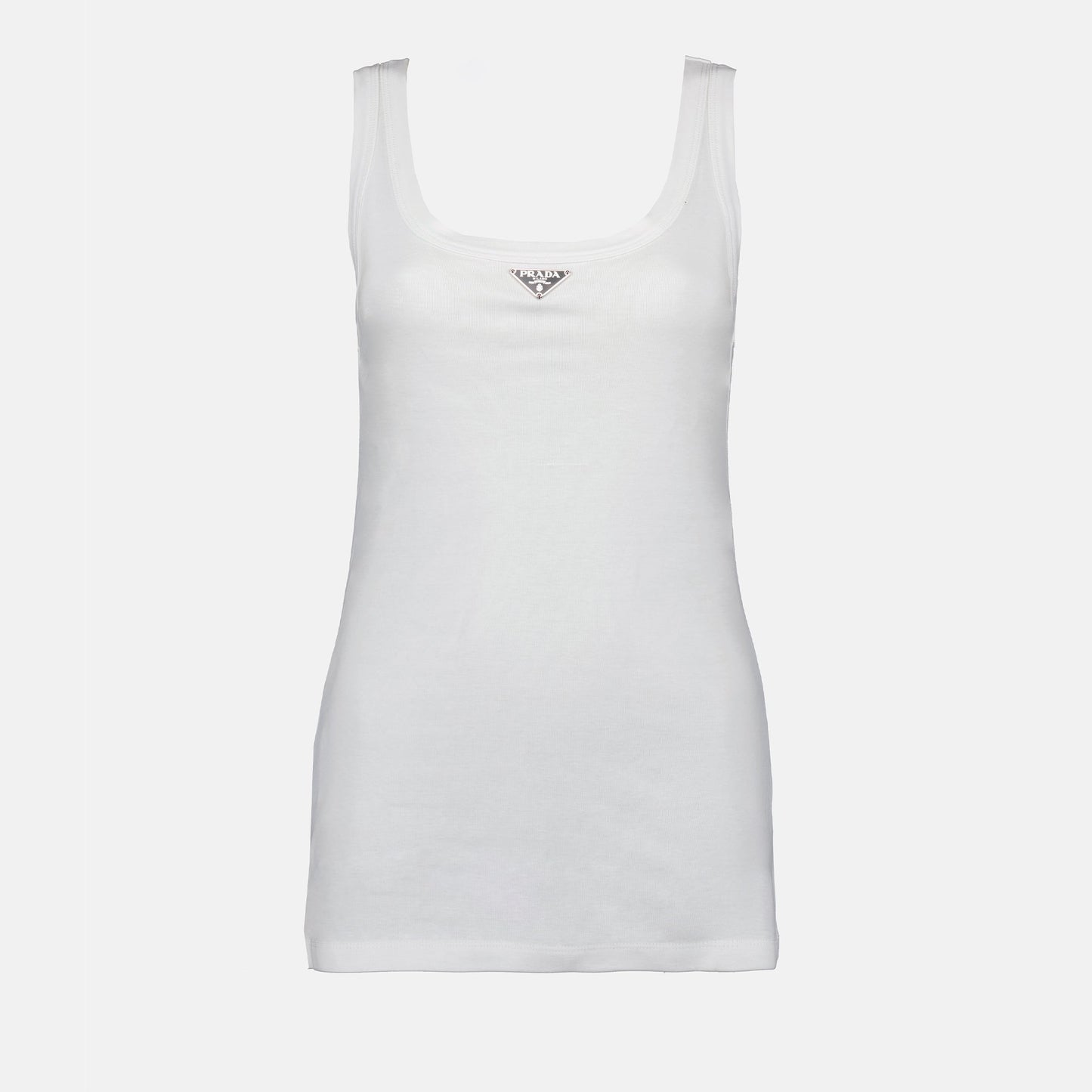 white tank top, triangle logo, cotton jersey, Prada collection, sleeveless design