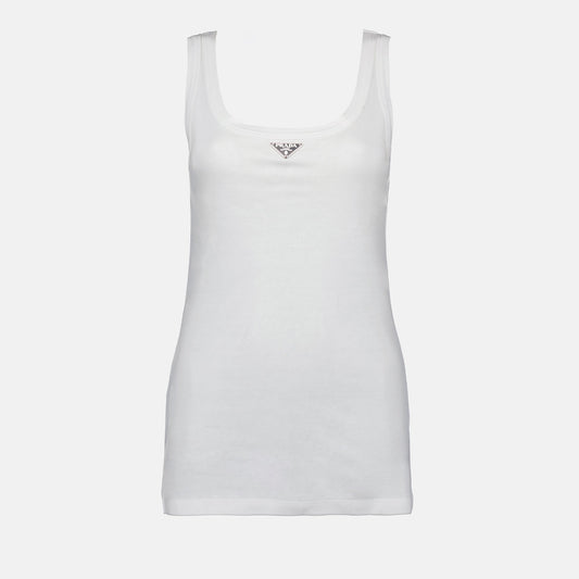 white tank top, triangle logo, cotton jersey, Prada collection, sleeveless design