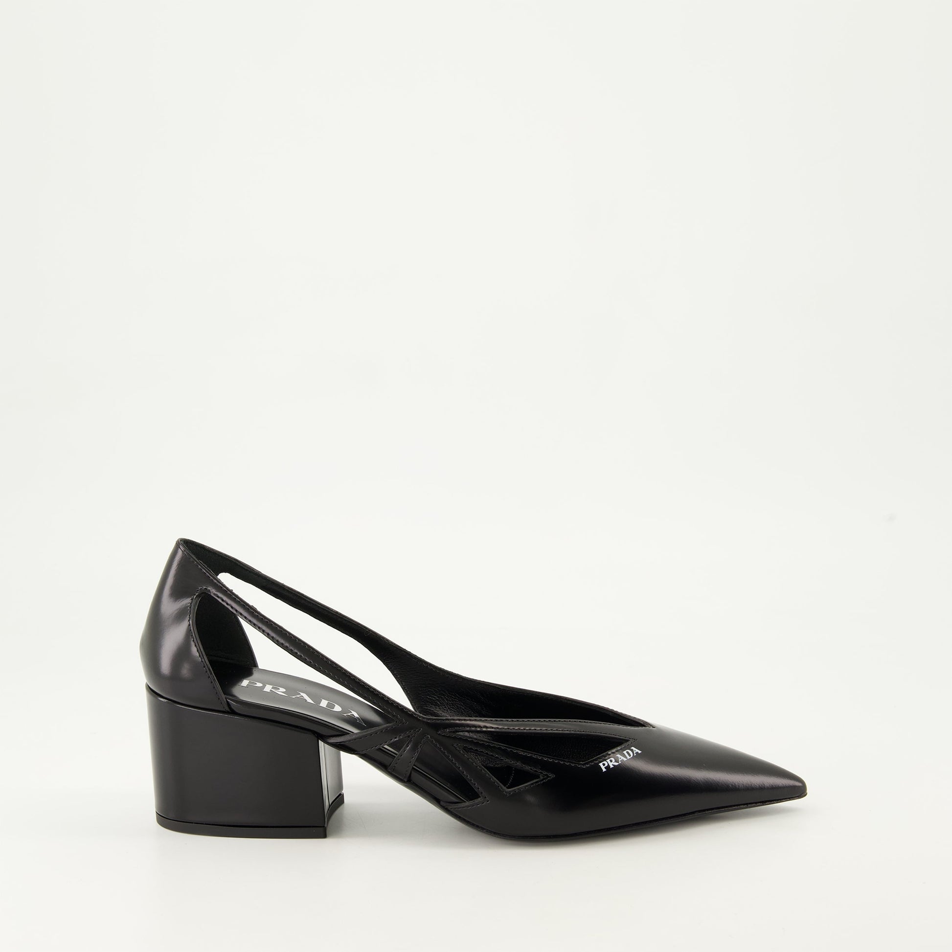 black leather pumps, pointed toe shoes, Prada pumps, cut-out pumps, luxury footwear