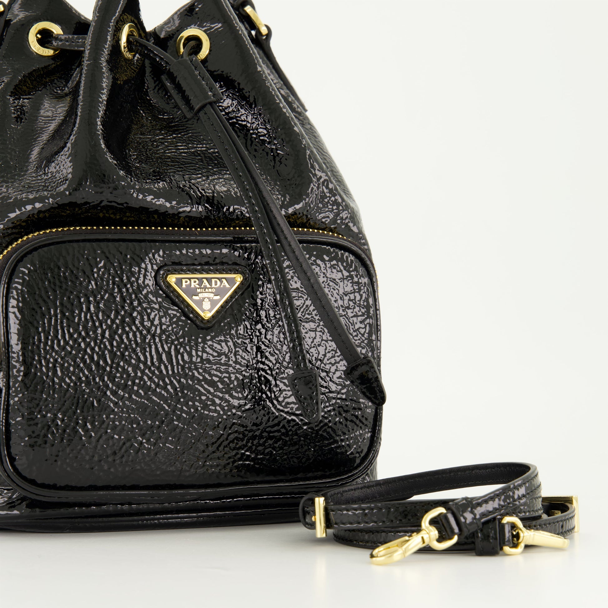 Prada bucket bag, patent leather bag, drawstring bag, black handbag, luxury accessories