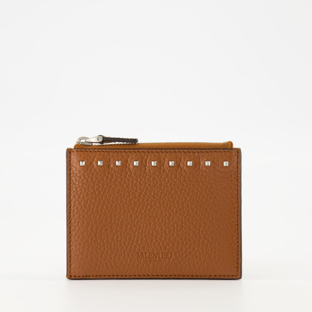 Rockstud Wallet, Valentino Garavani, brown leather wallet, grained calfskin wallet, zip closure wallet