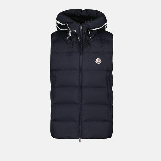 navy vest, sleeveless jacket, Moncler vest, modern design, high-quality polyester