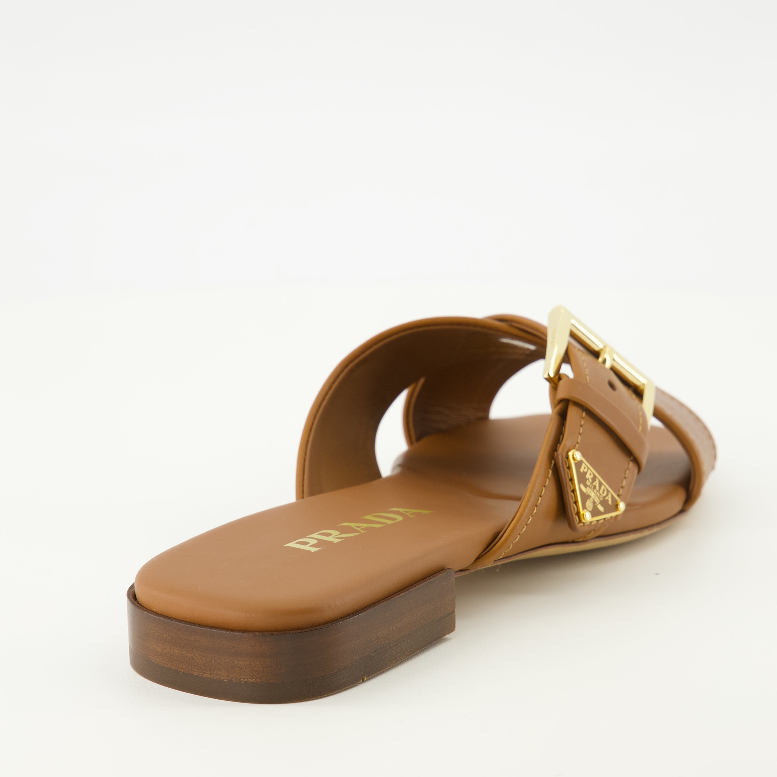 brown leather sandals, Prada shoes, square toe sandals, adjustable fit footwear, calfskin leather sandals