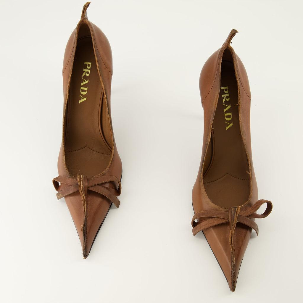 Prada, Brown Leather Pumps, Slip-On Shoes, Elegant Footwear, Leather Sole